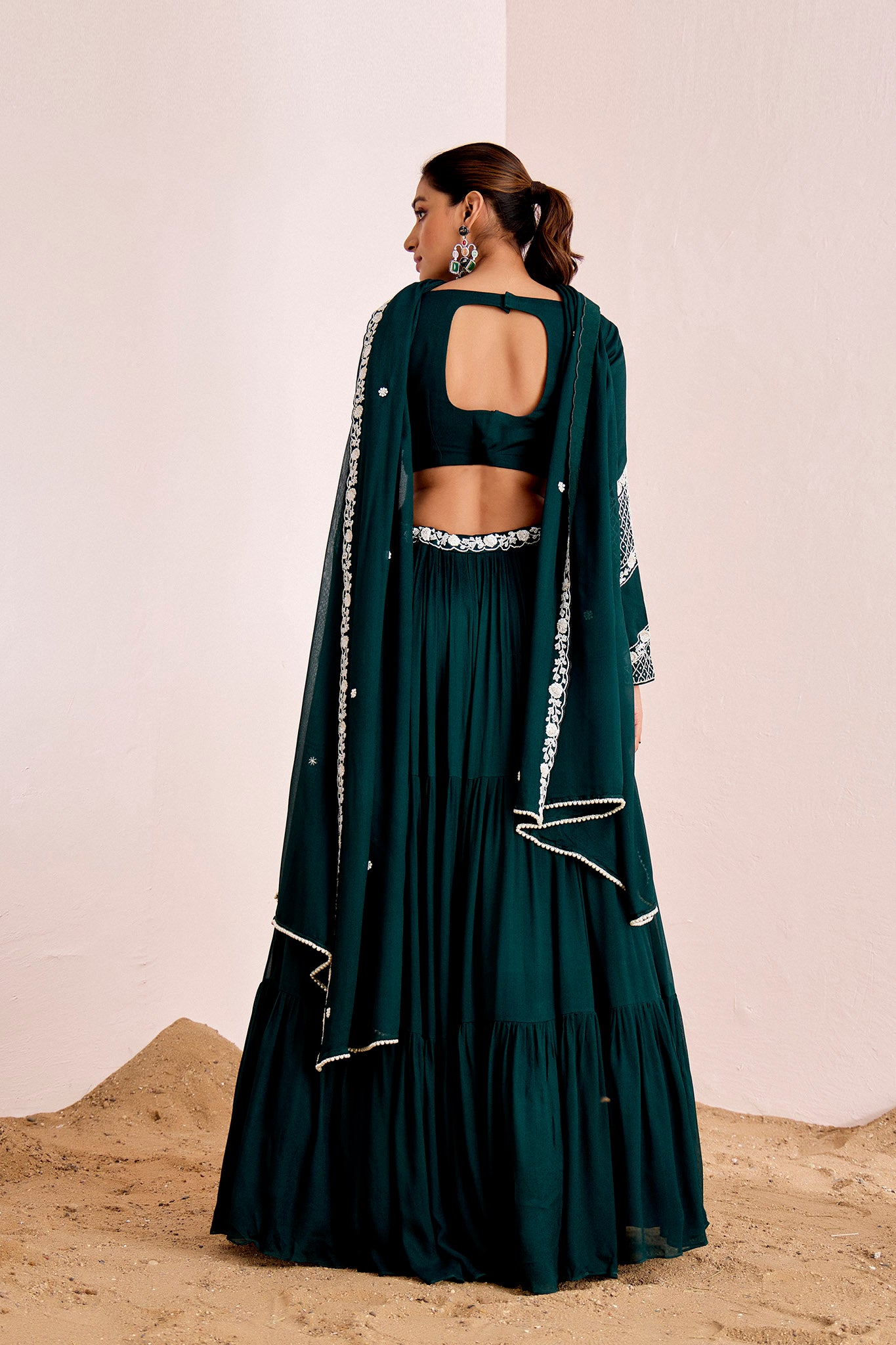 BOTTLE GREEN LAYERED LEHENGA SET
