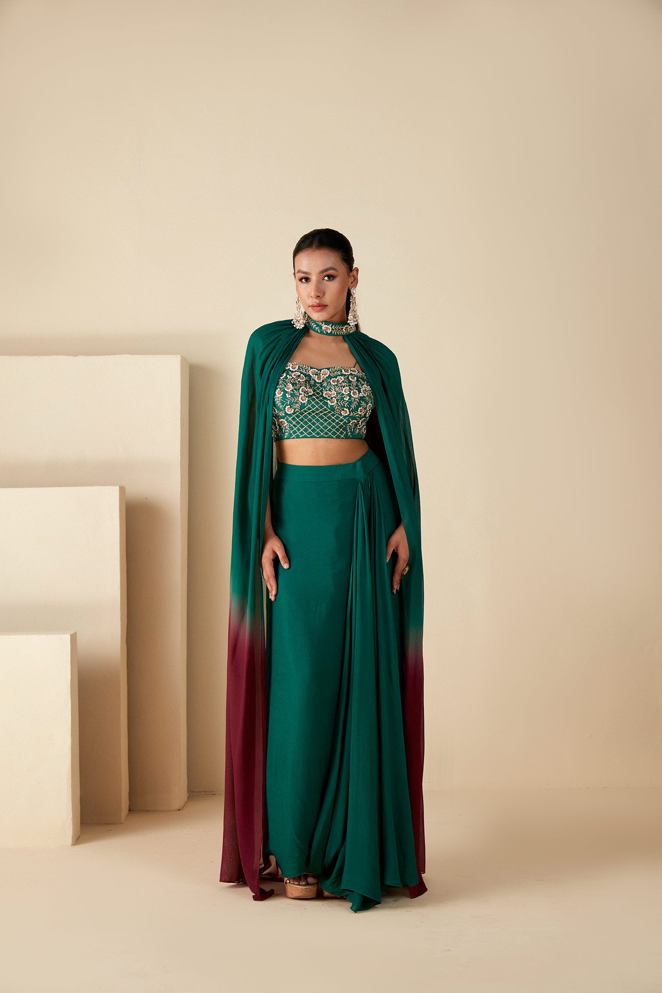 Green drape skirt & Cape Set
