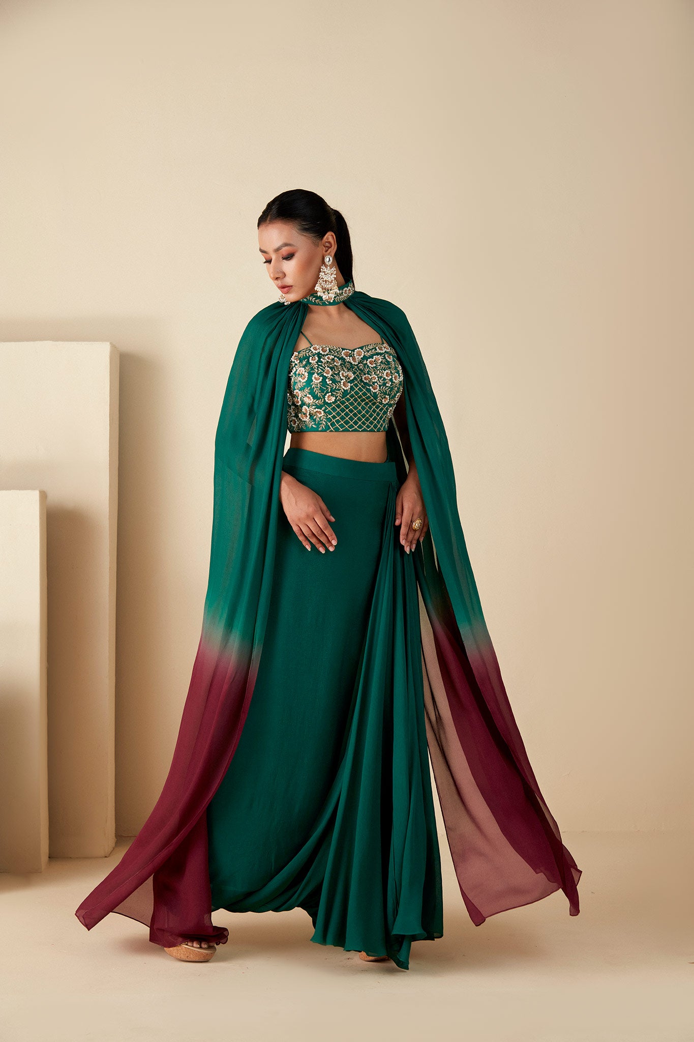 Green drape skirt & Cape Set