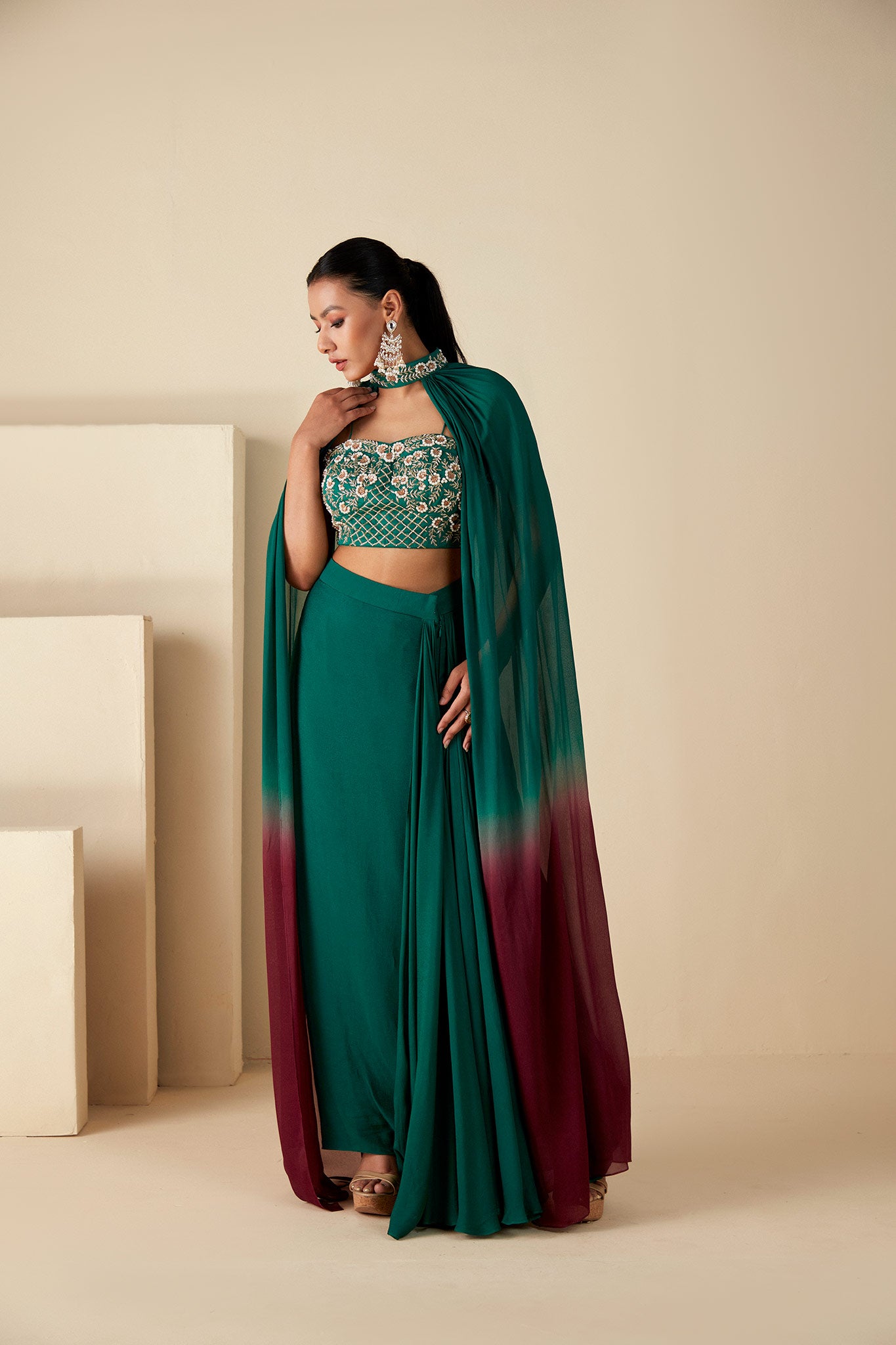 Green drape skirt & Cape Set