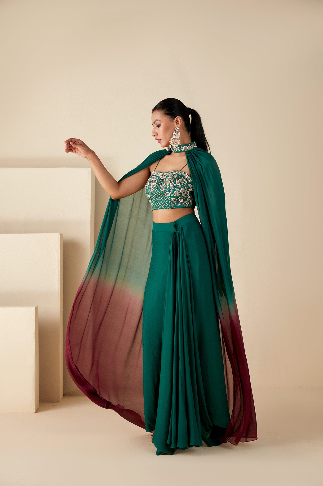 Green drape skirt & Cape Set