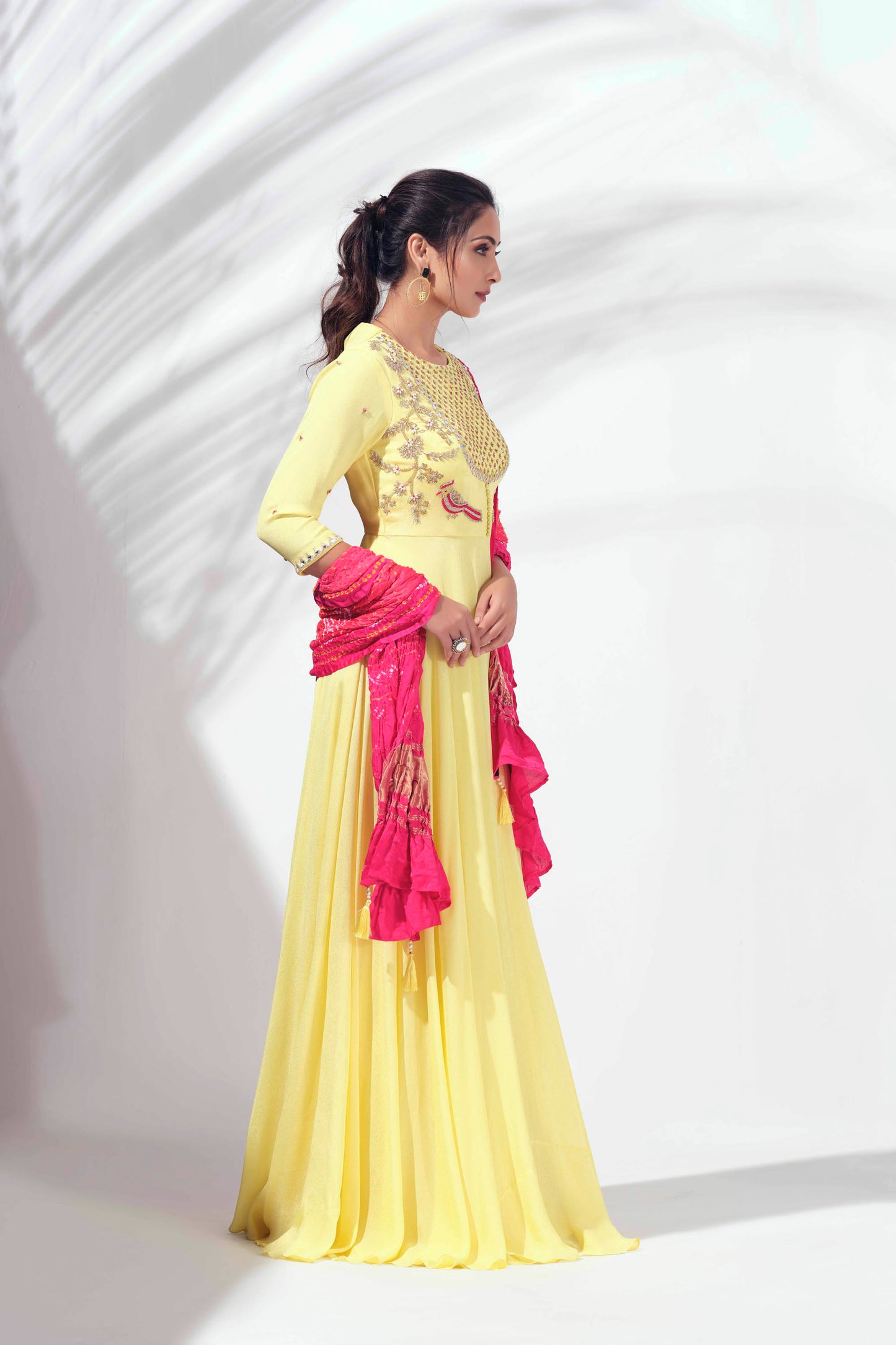 Yellow Hand Embroidered Flared Anarkali Set
