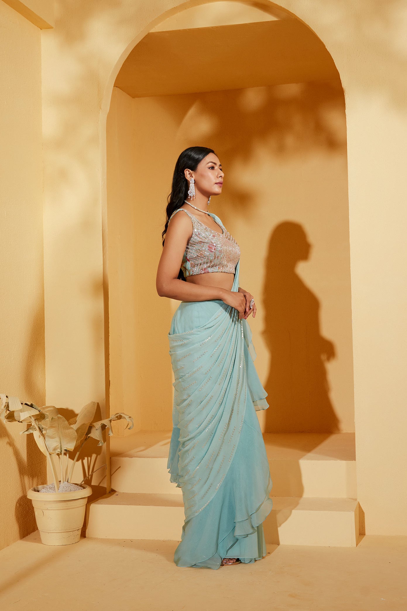 BLUE PRE DRAPE SAREE SET
