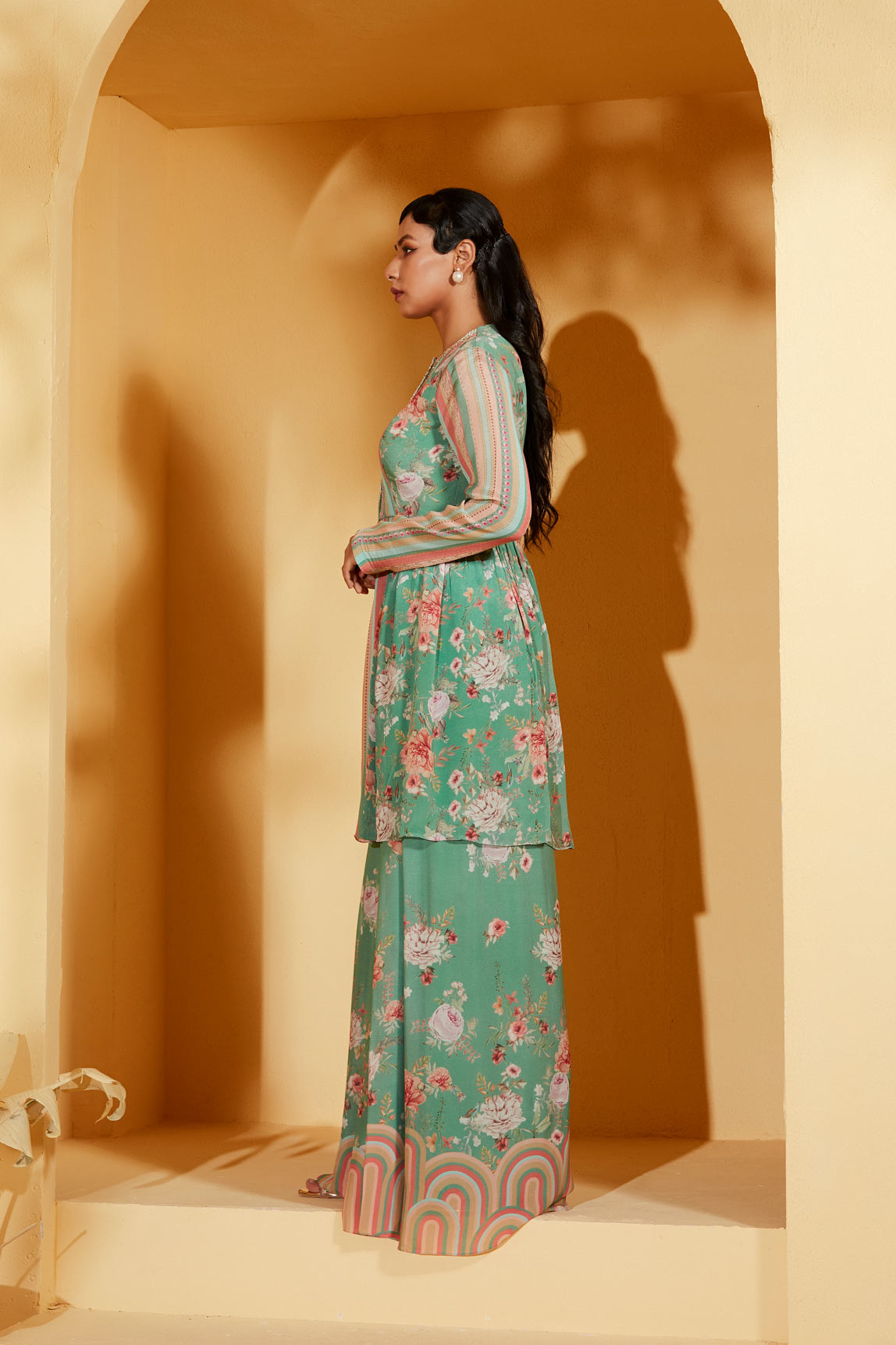 Green Printed peplum top with pants