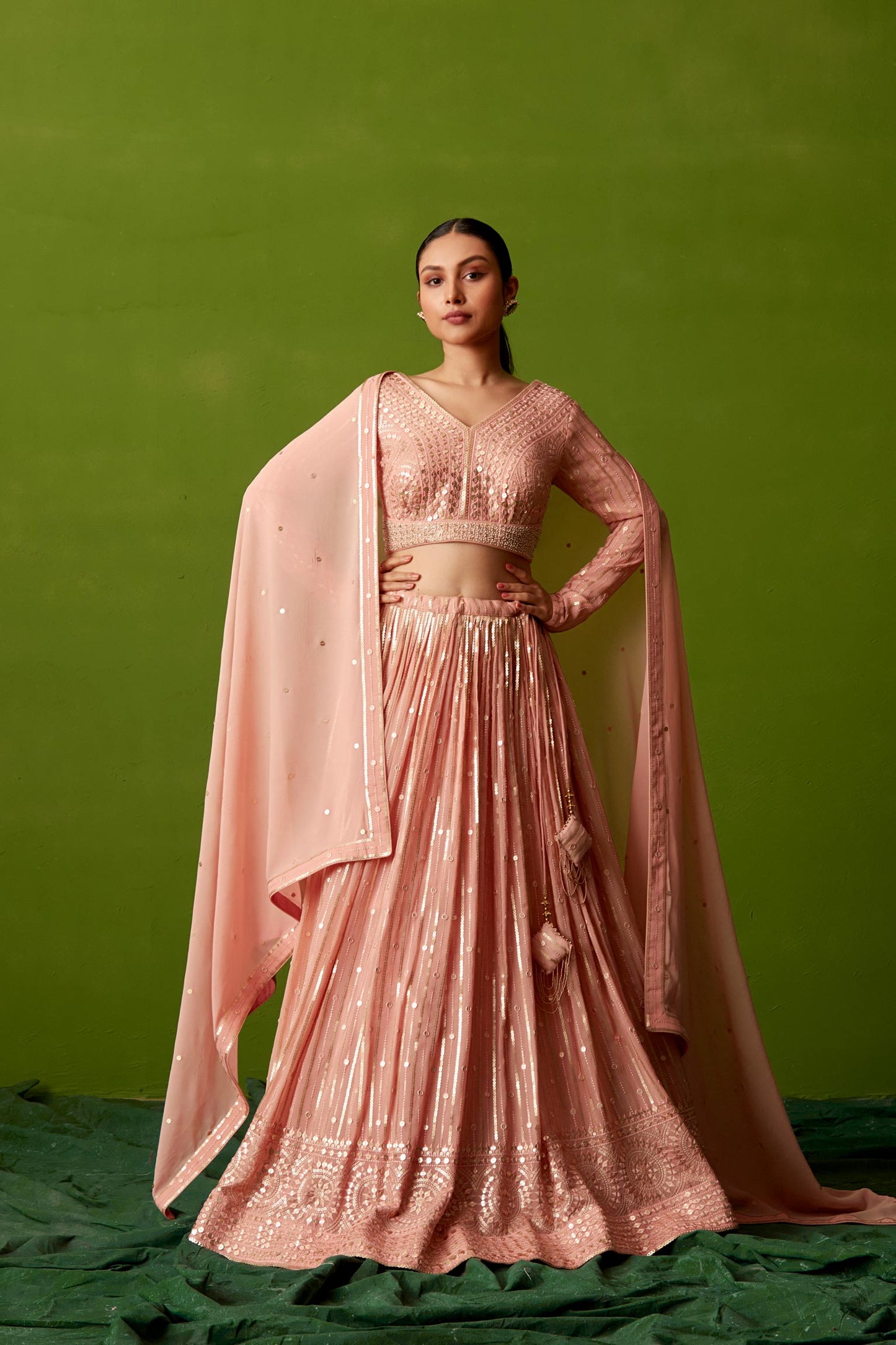 PEACH SEQUIN LEHENGA SET
