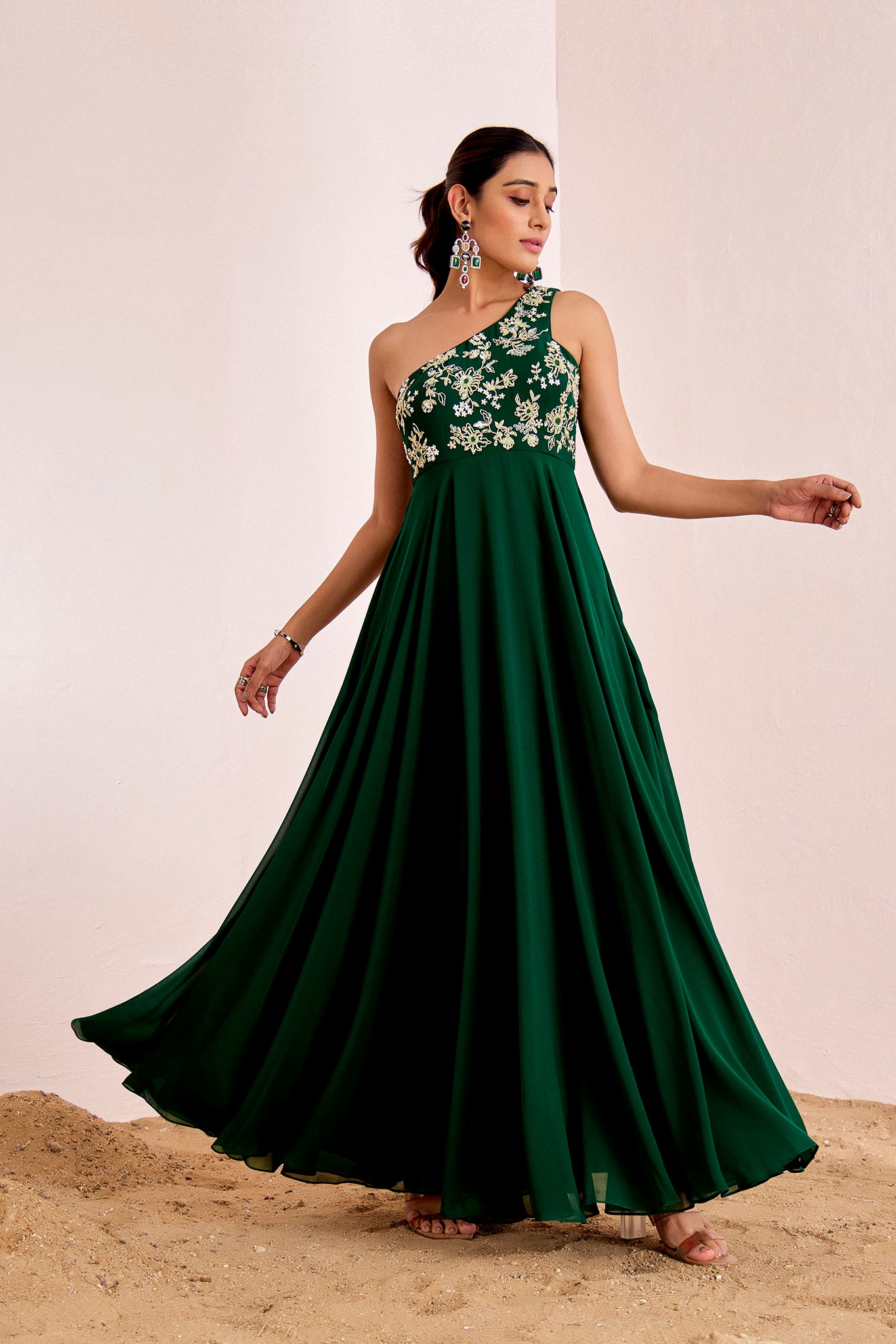 GREEN ONE SHOULDER GOWN Suruchi Parakh GREEN ONE SHOULDER GOWN Suruchi Parakh