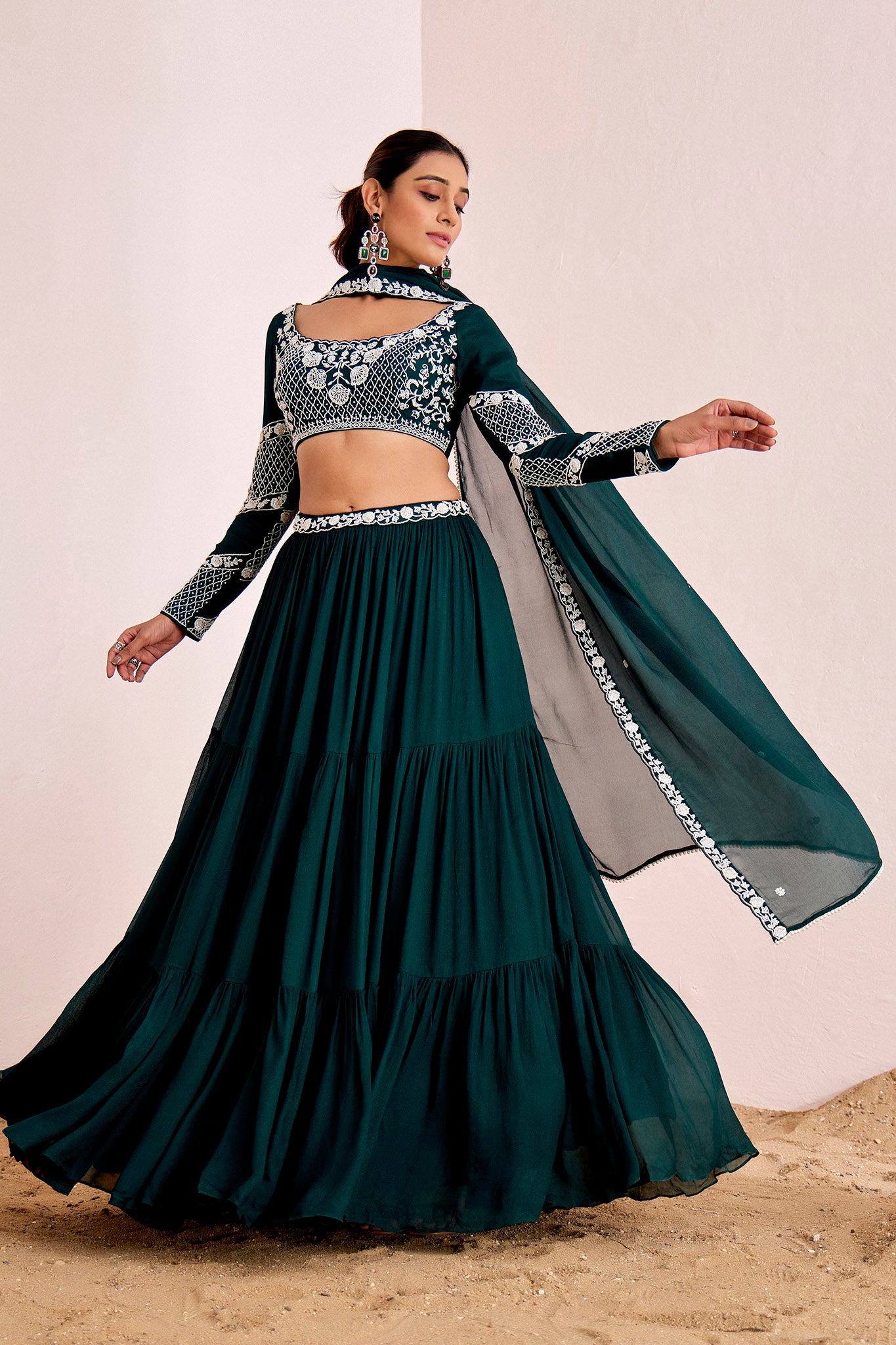 BOTTLE GREEN LAYERED LEHENGA SET
