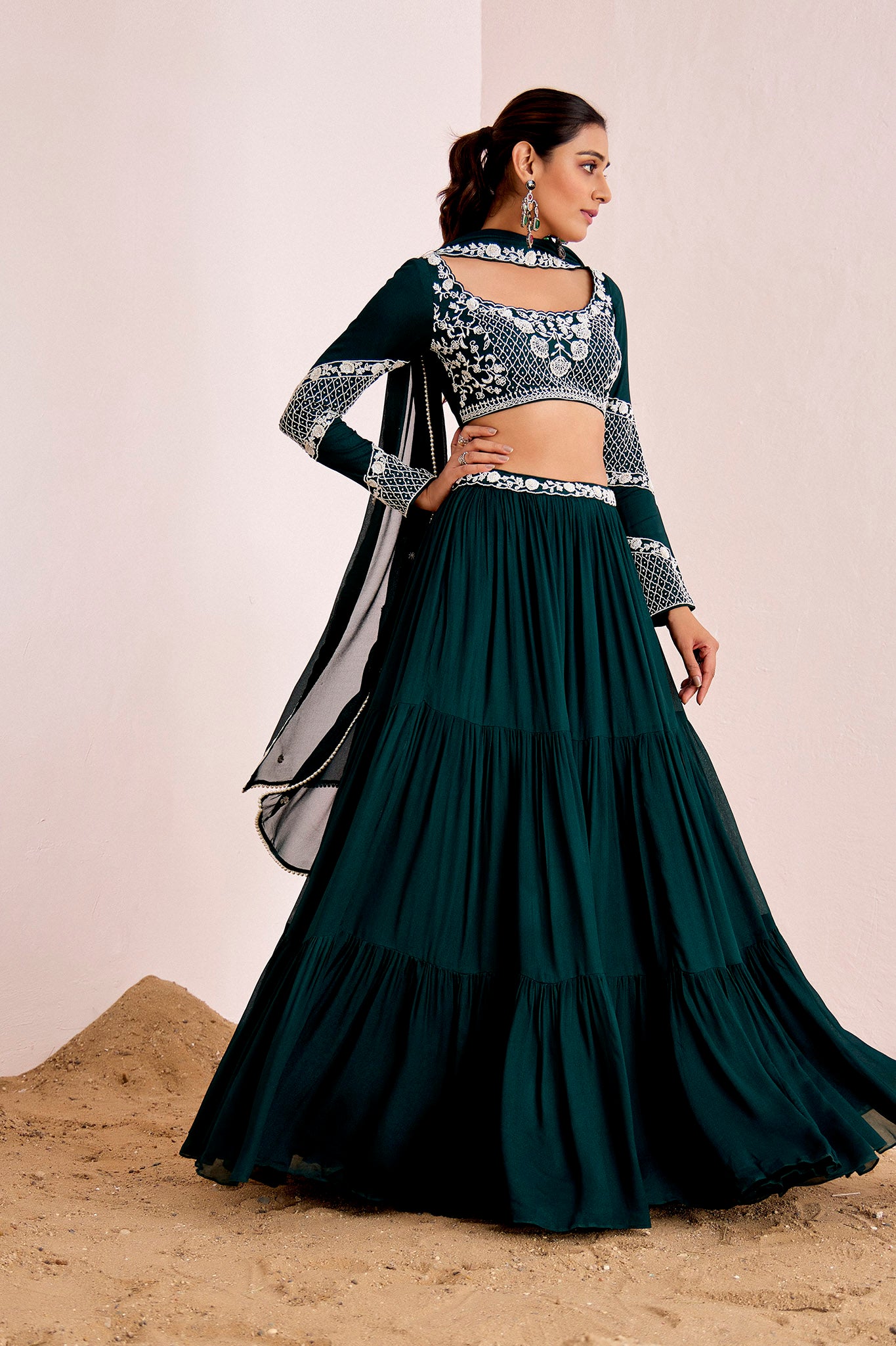BOTTLE GREEN LAYERED LEHENGA SET