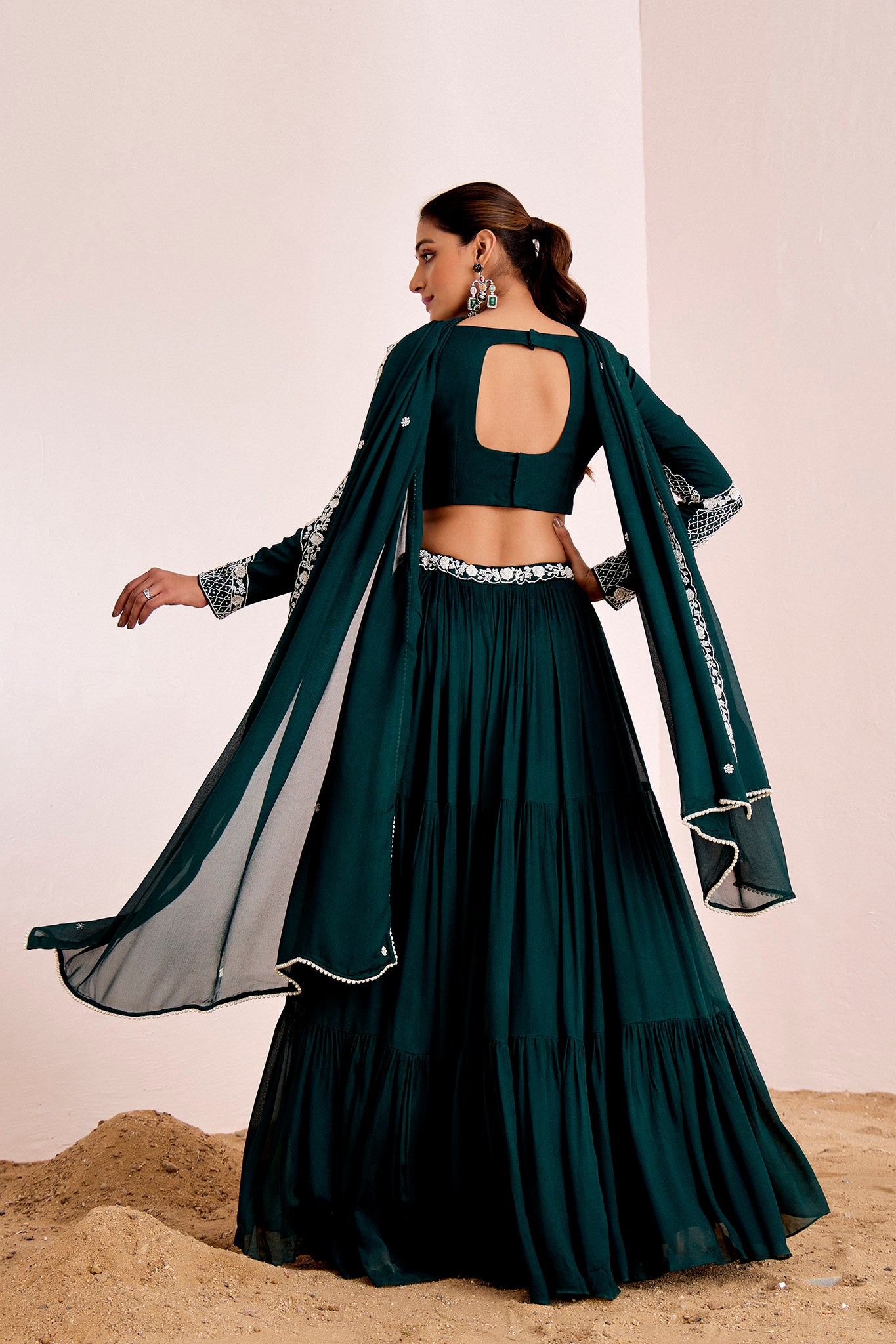 BOTTLE GREEN LAYERED LEHENGA SET
