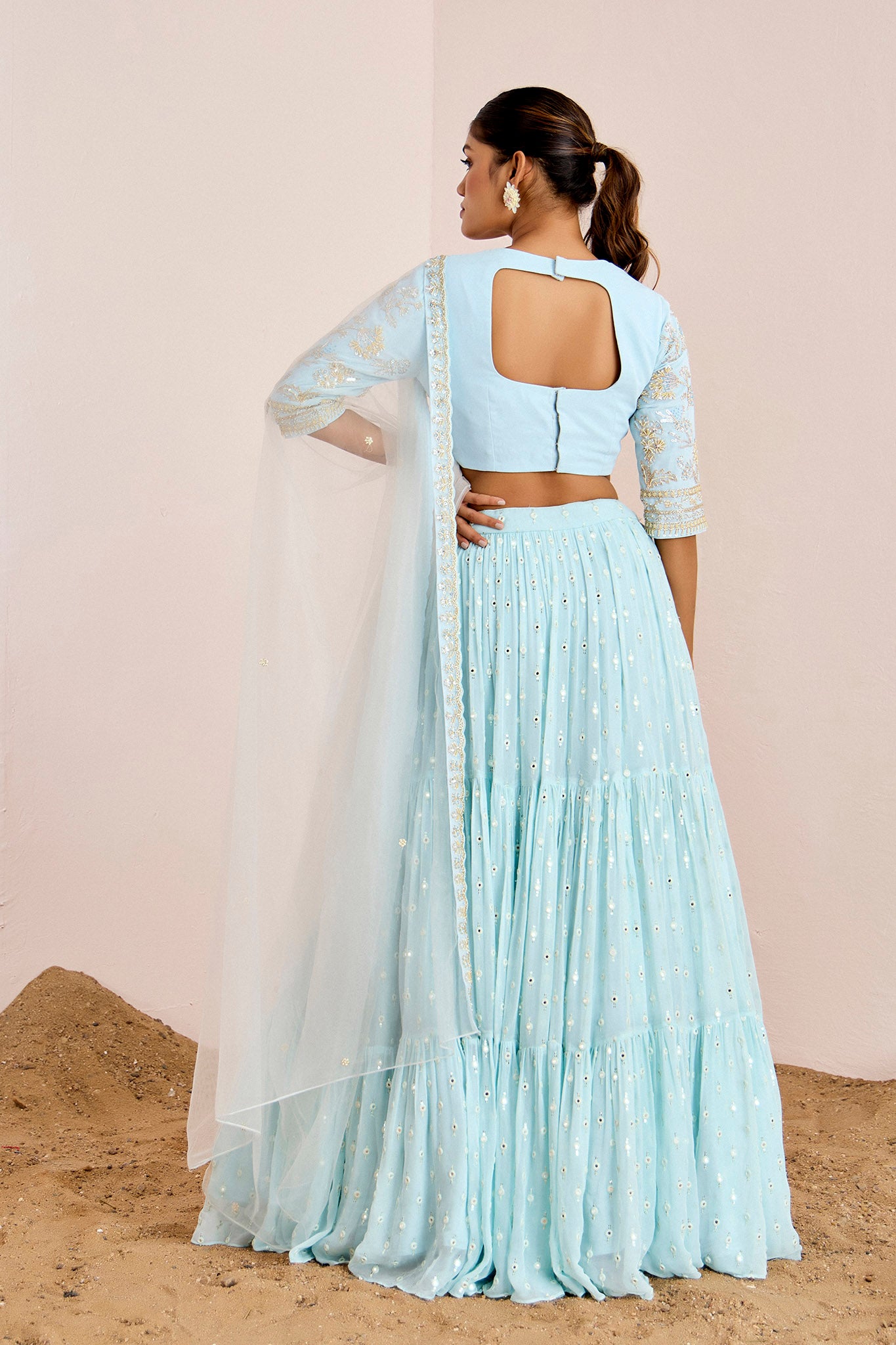 POWDER BLUE TIERED LEHENGA SET