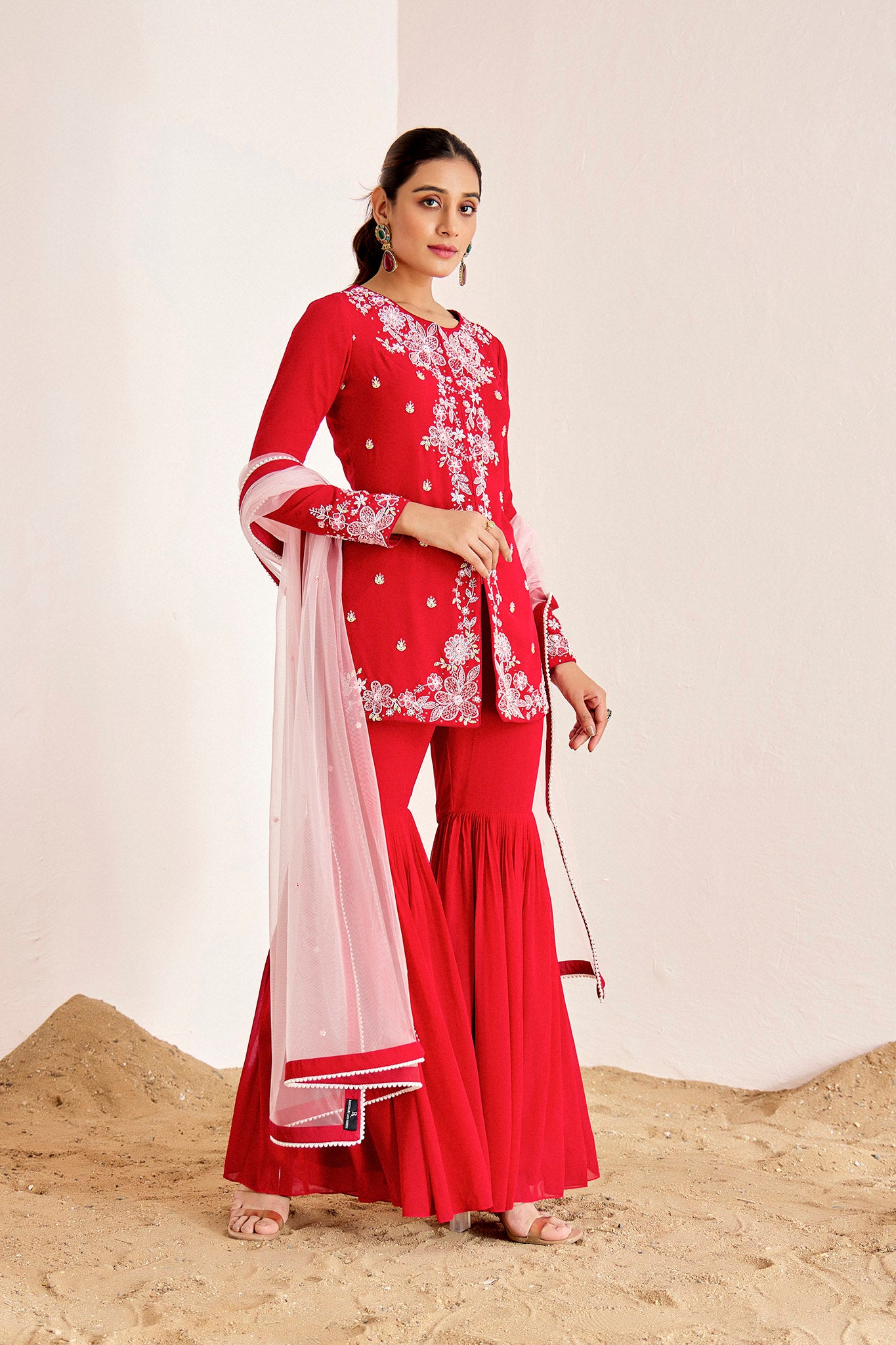 RED HAND EMBROIDERED SHARARA SET