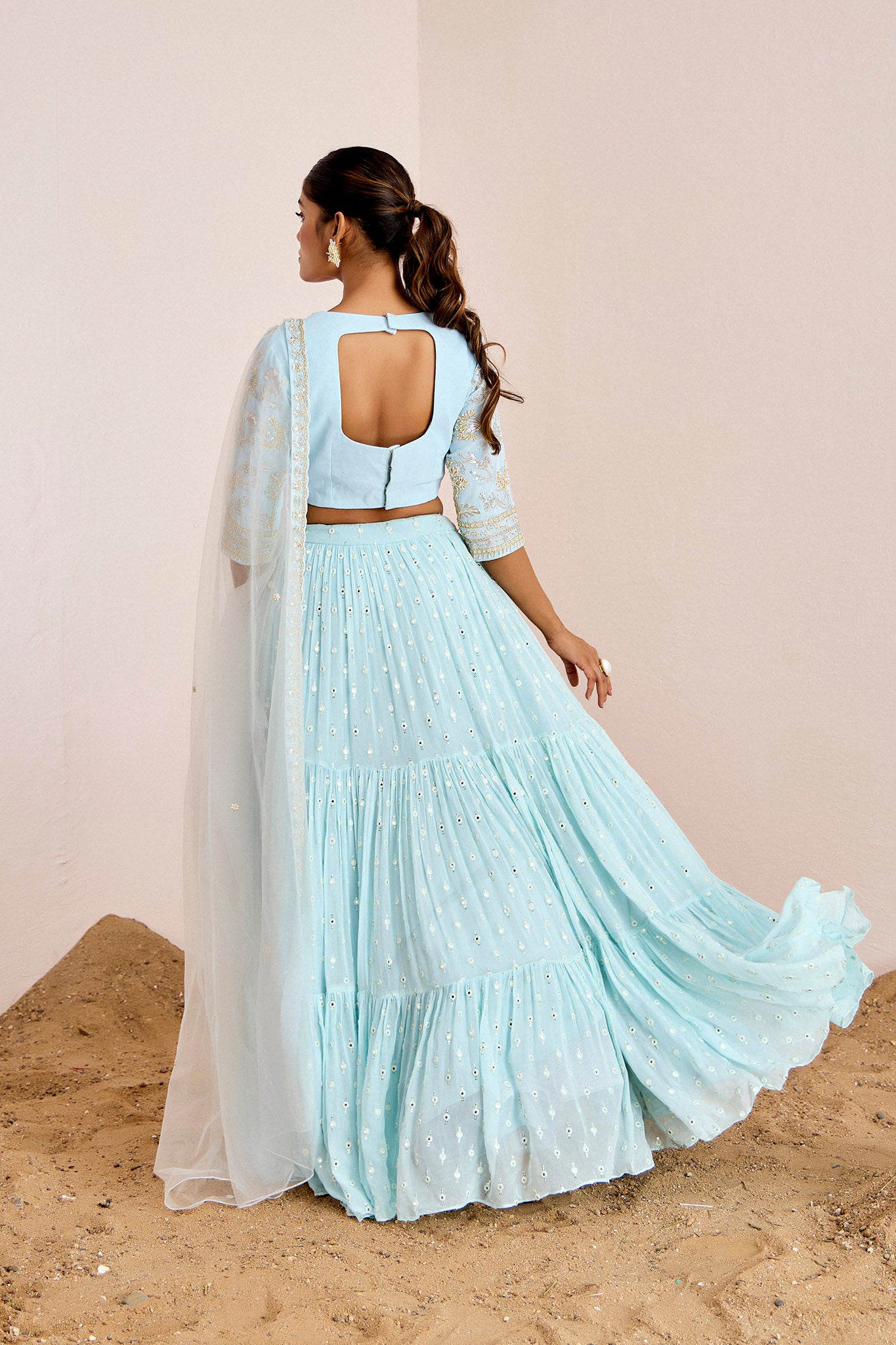 POWDER BLUE TIERED LEHENGA SET
