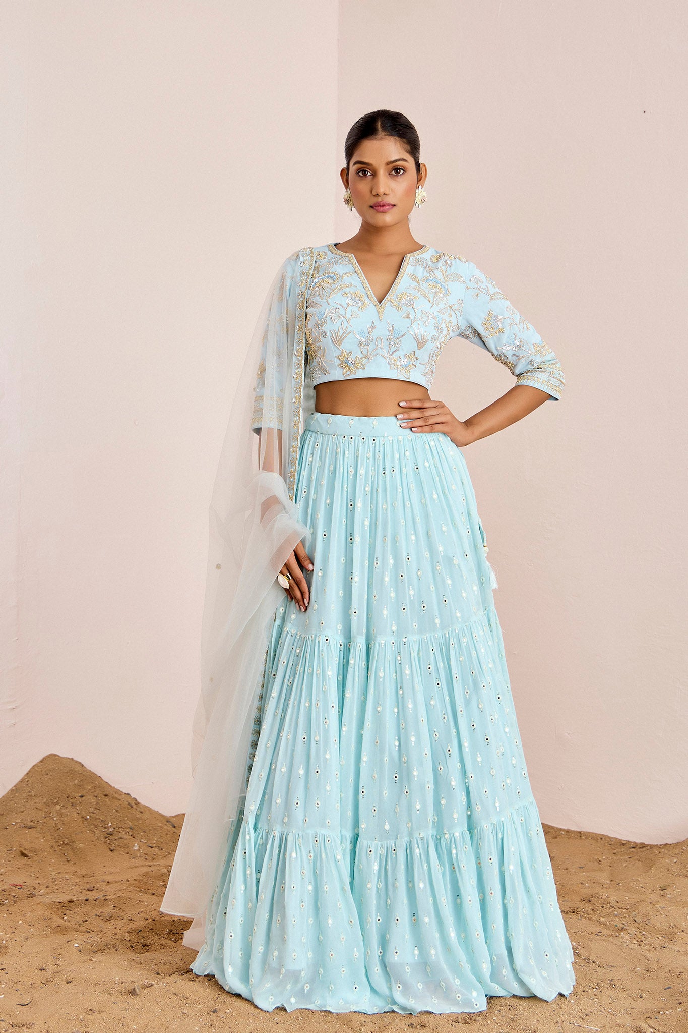 POWDER BLUE TIERED LEHENGA SET
