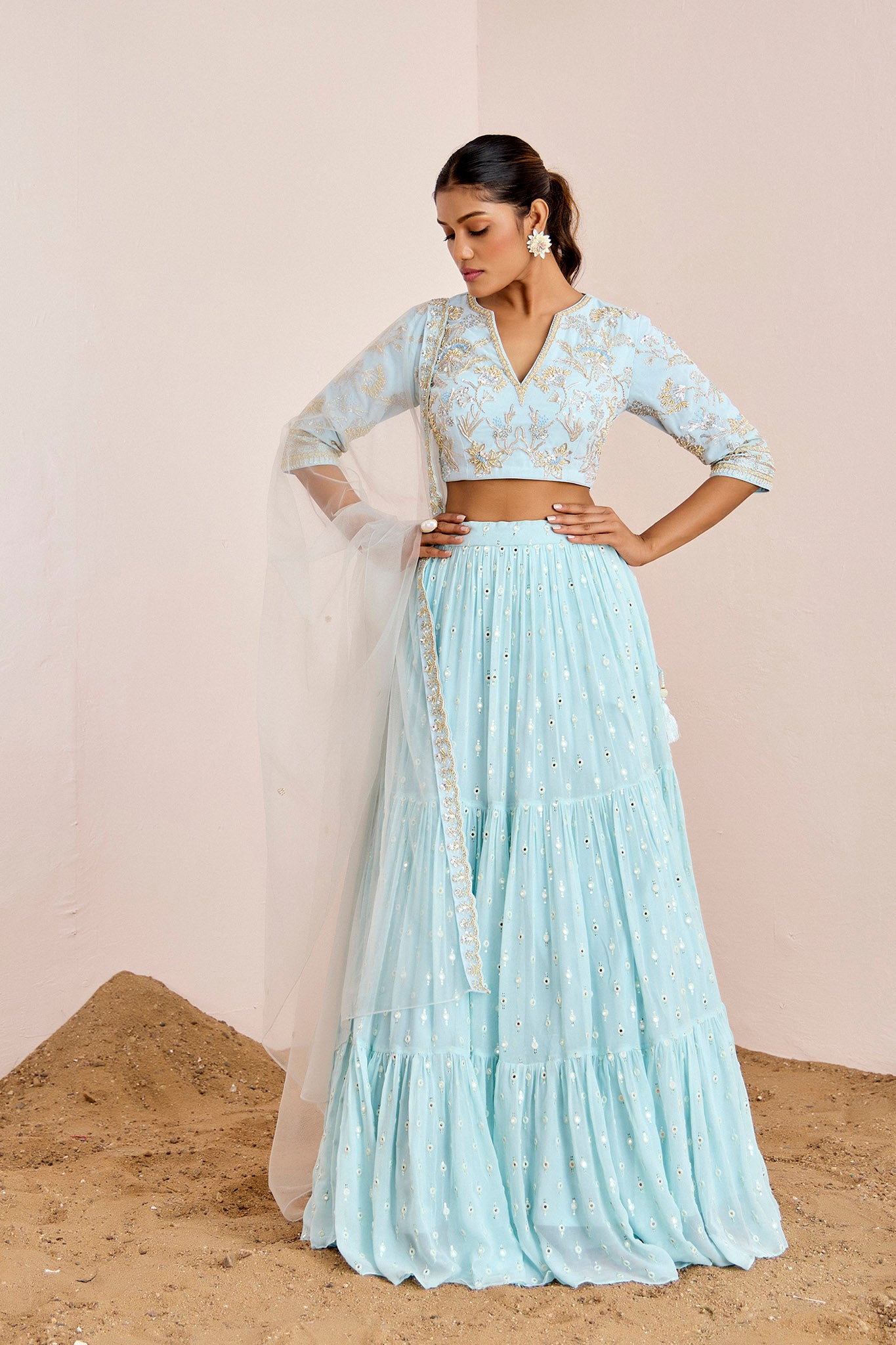 POWDER BLUE TIERED LEHENGA SET