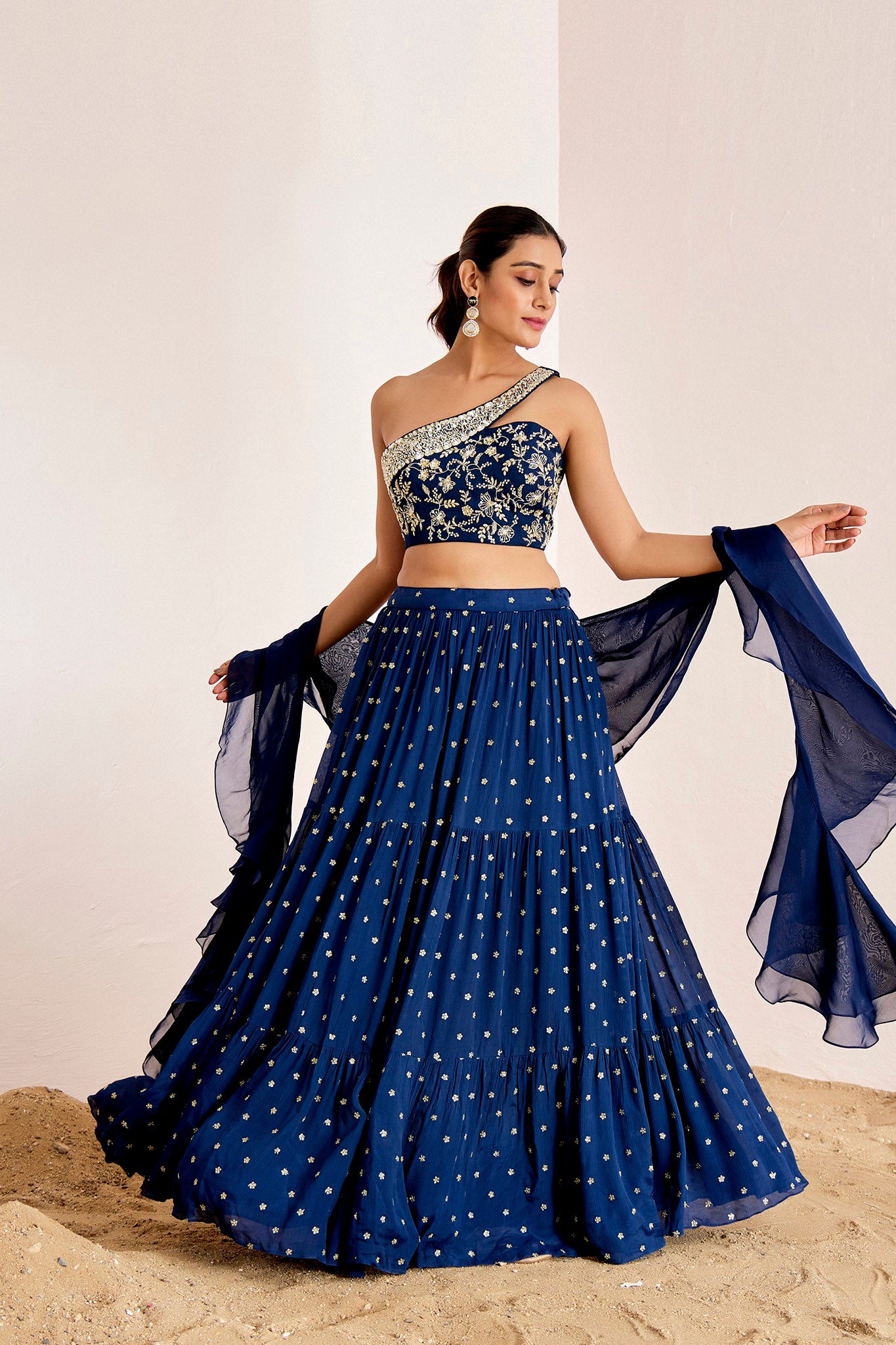 NAVY BLUE ONE SHOULDER LAYERED LEHENEGA SET
