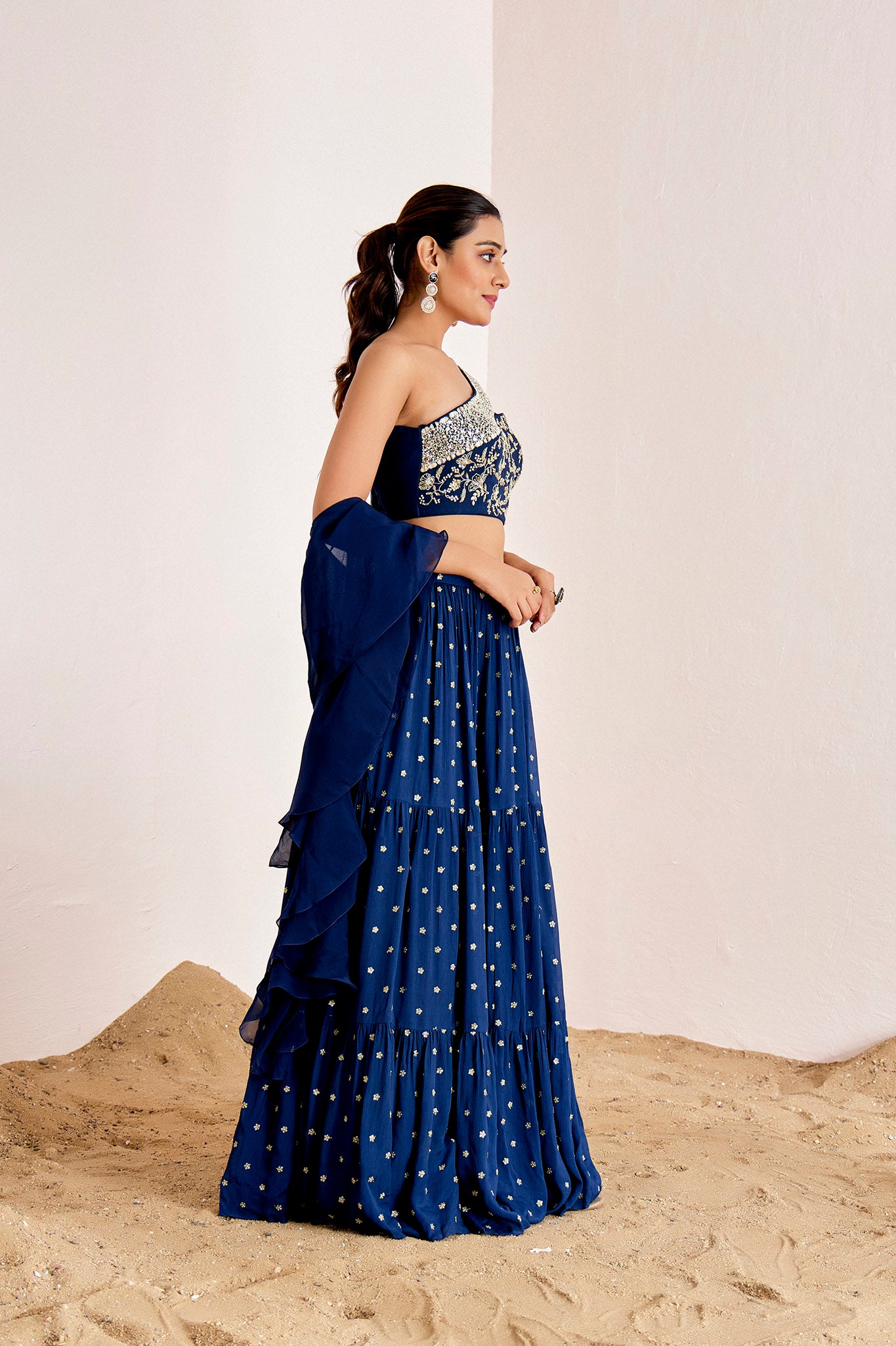 NAVY BLUE ONE SHOULDER LAYERED LEHENEGA SET