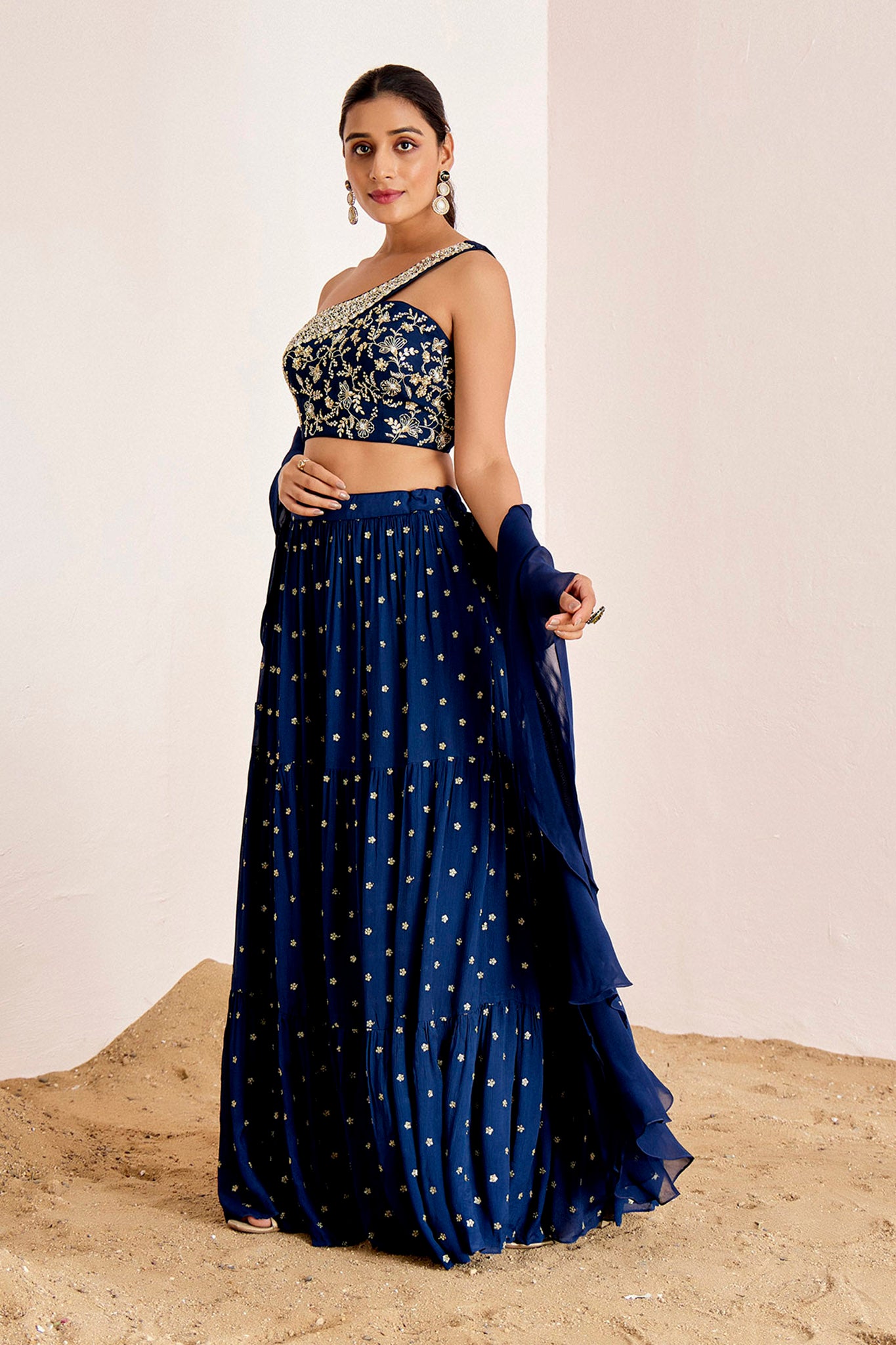NAVY BLUE ONE SHOULDER LAYERED LEHENEGA SET