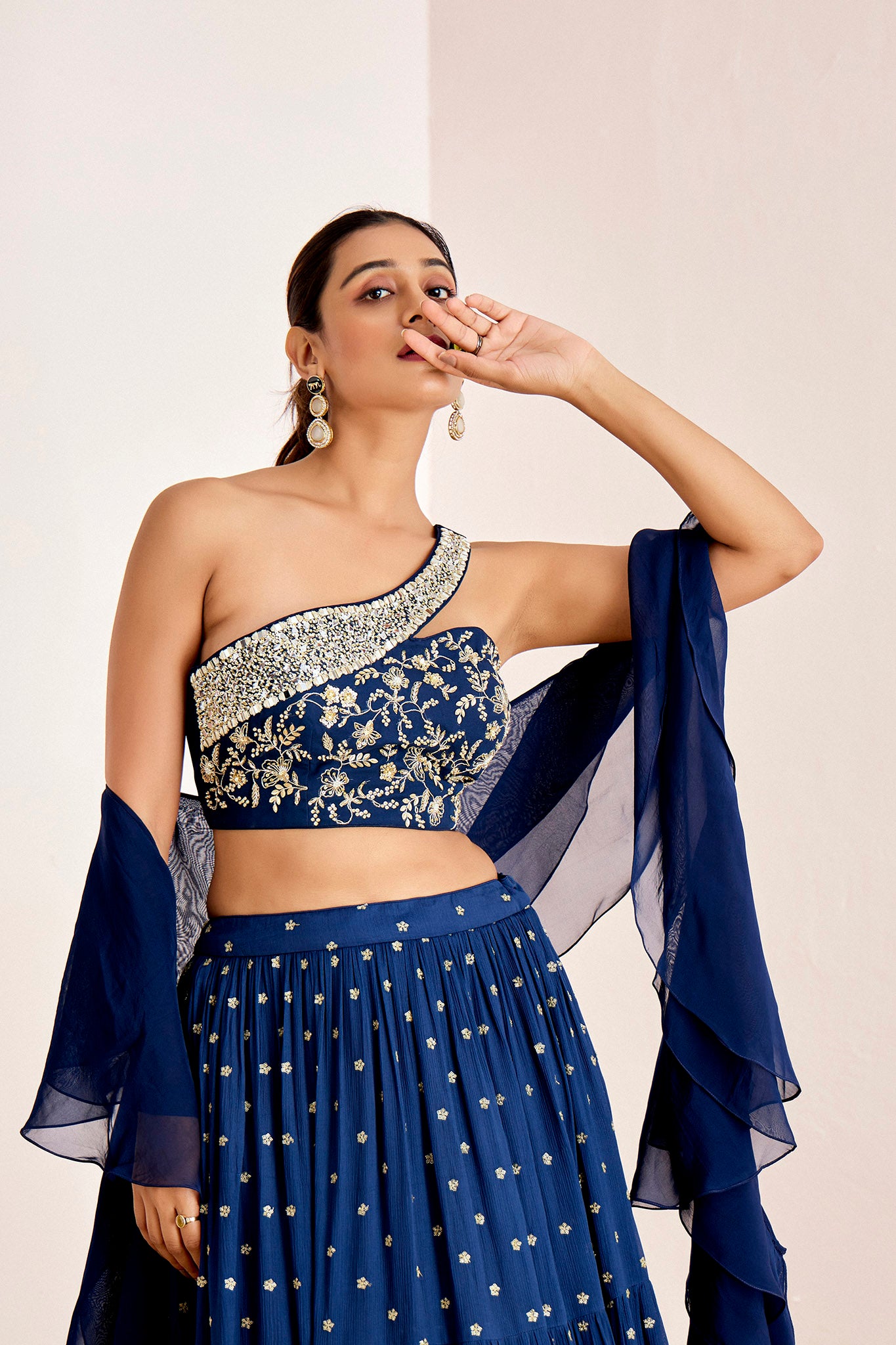 NAVY BLUE ONE SHOULDER LAYERED LEHENEGA SET