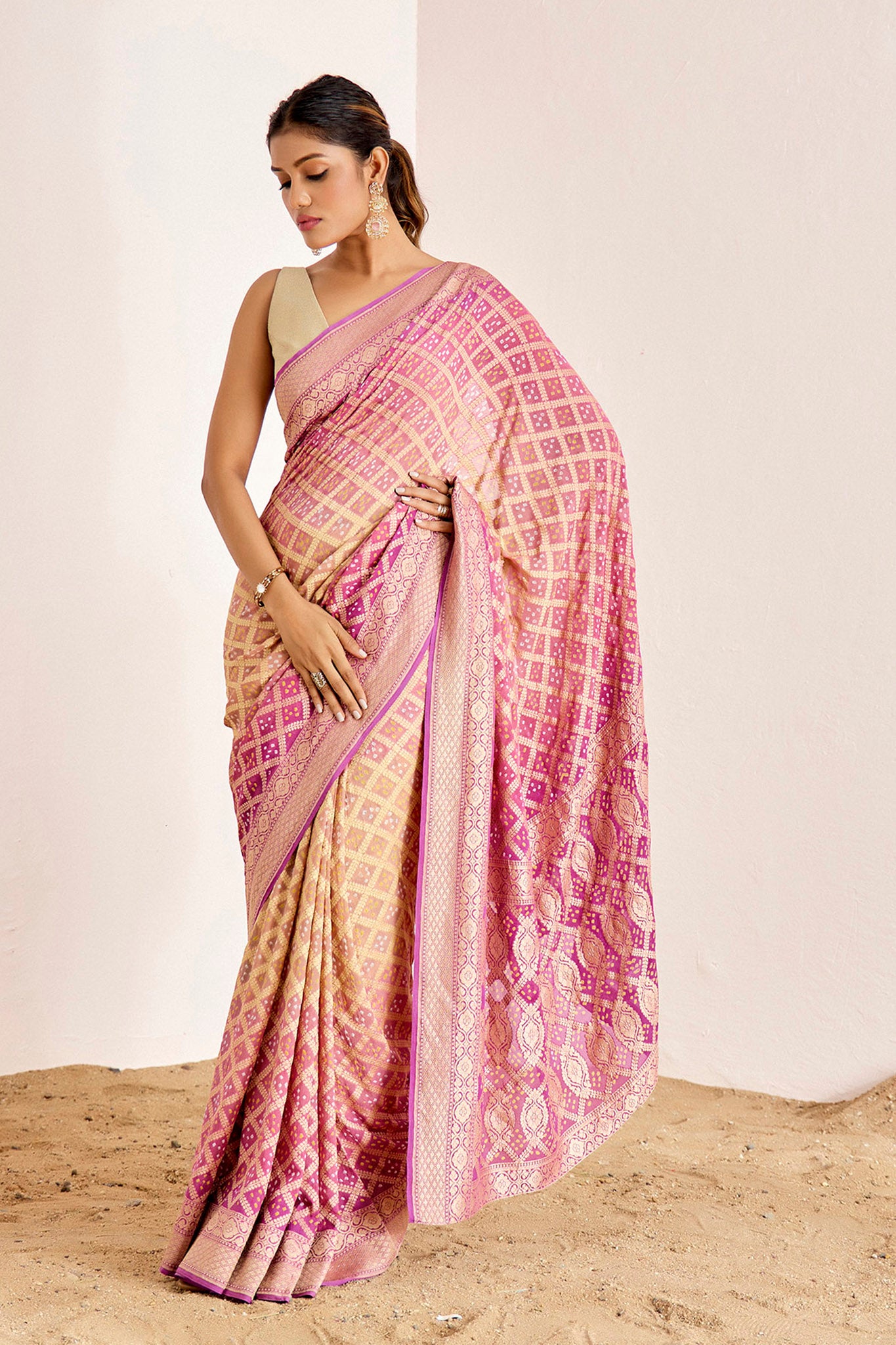 MAUVE YELLOWISH BEIGE BANARASEE BANDHANI SAREE