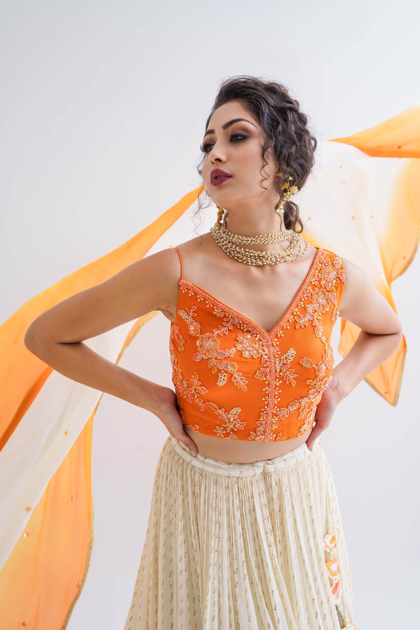 Orange & Off-White Hand Embroidered Lehenga Set