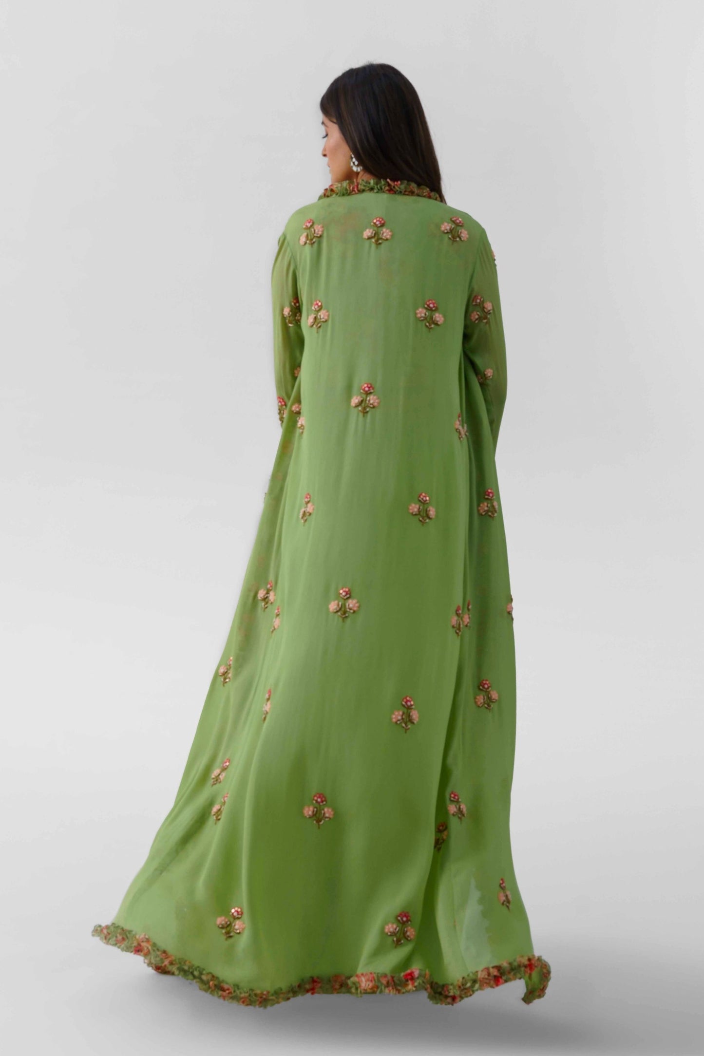 Green Georgette Embroidered Jacket Set
