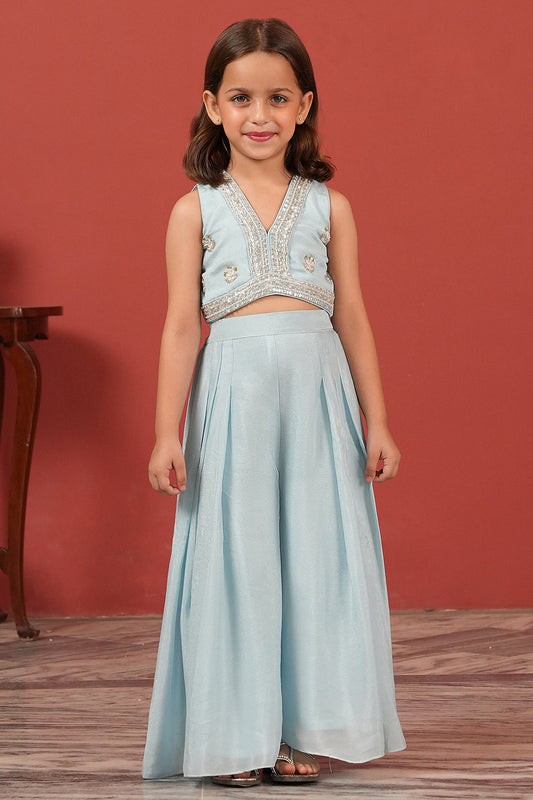 Blue Handcrafted Crop Top & Flared Pants Set for Girls