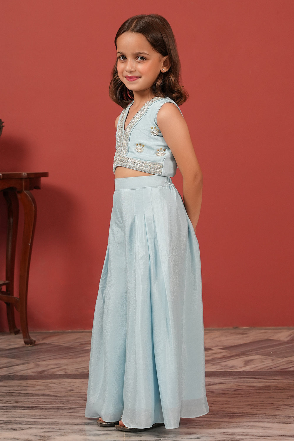 Blue Handcrafted Crop Top & Flared Pants Set for Girls