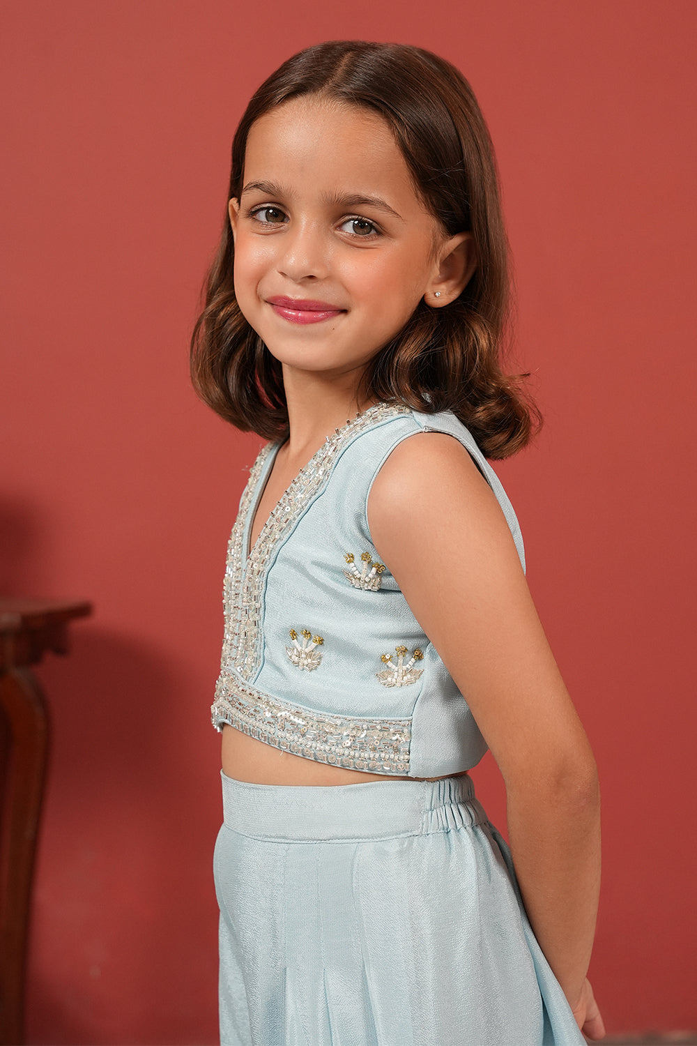 Blue Handcrafted Crop Top & Flared Pants Set for Girls