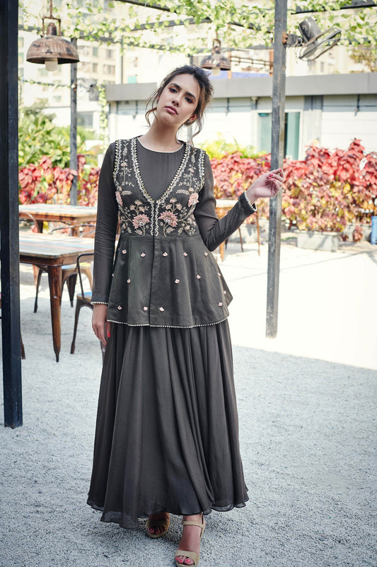 Khaki-Colored Flared Anarkali With Jacket