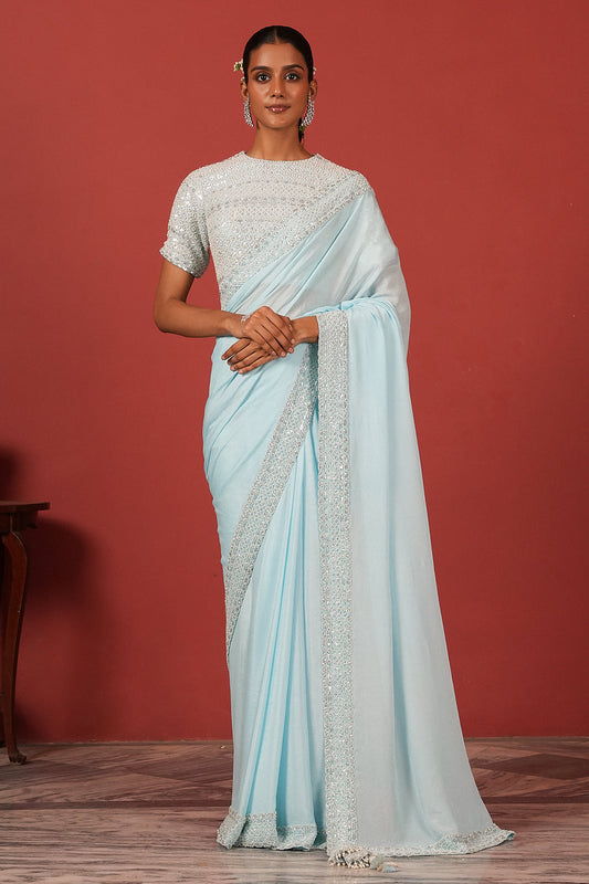 Embroidered Blue Saree Set with Modern Tie-Up Blouse