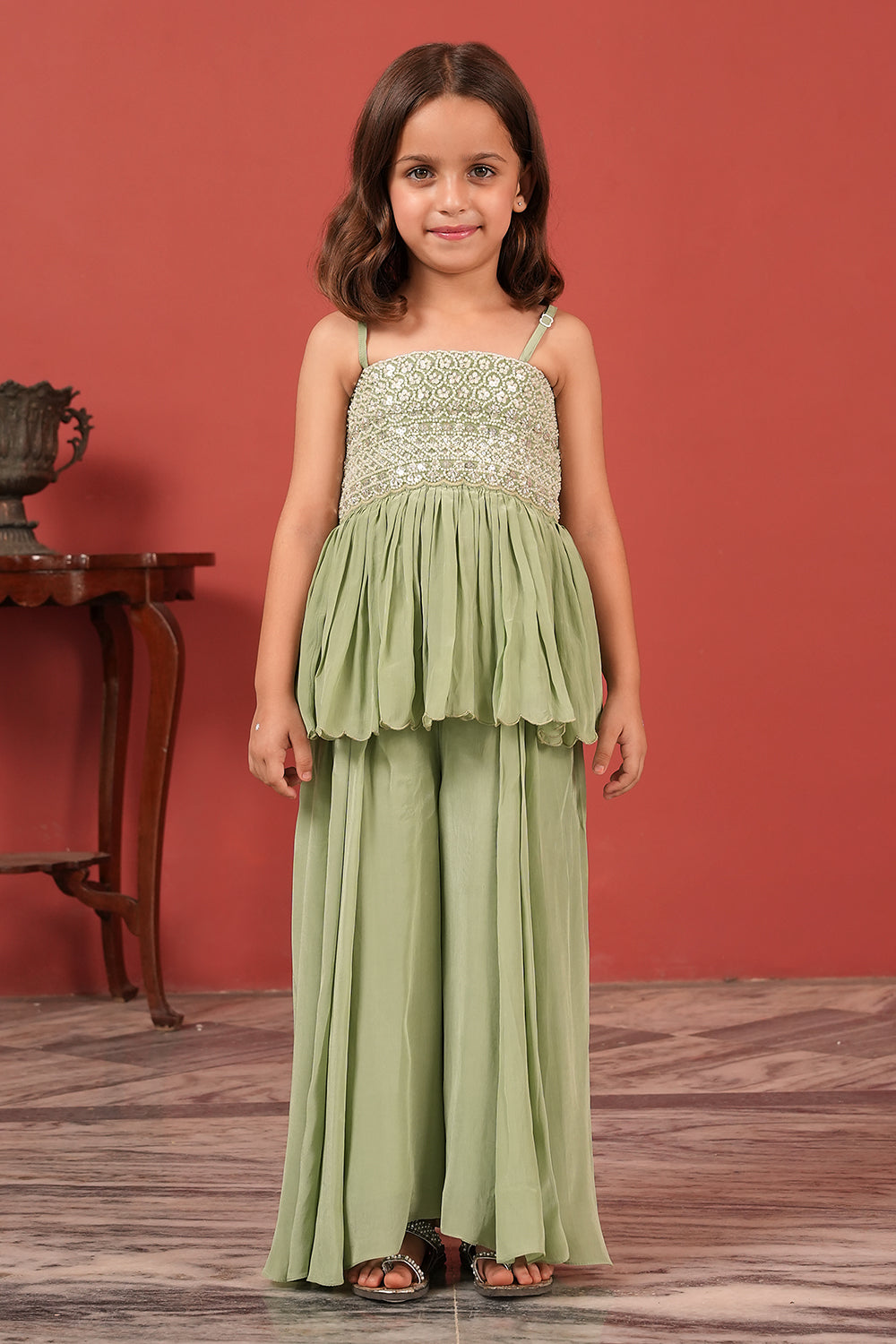 Green Handcrafted Noodle Strap Peplum Top Set
