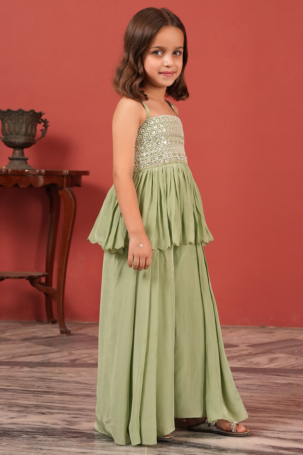 Green Handcrafted Noodle Strap Peplum Top Set