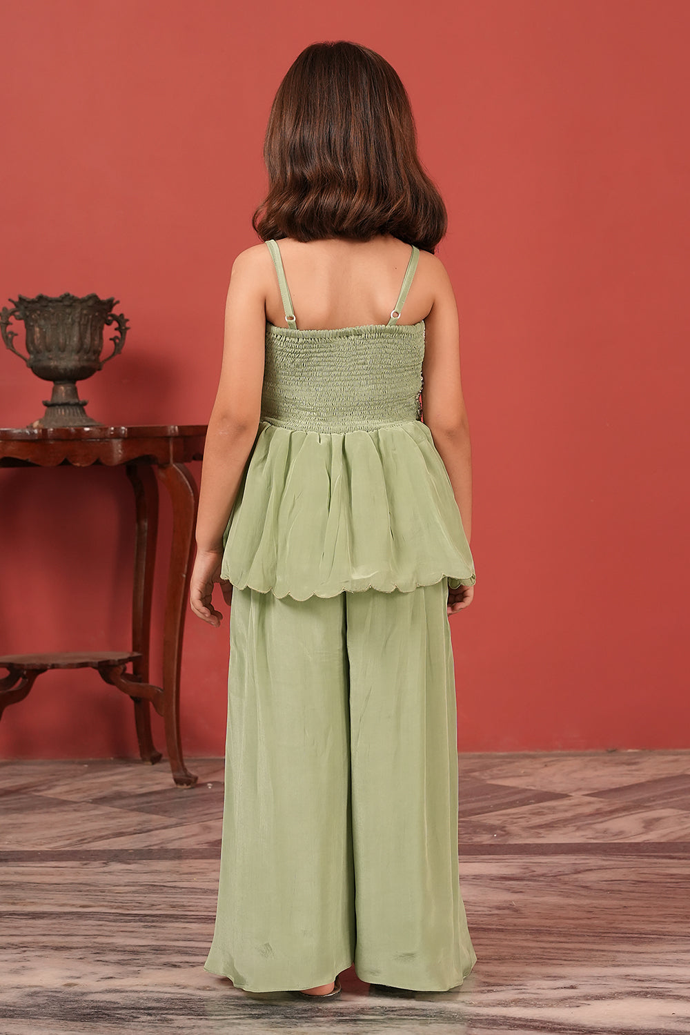 Green Handcrafted Noodle Strap Peplum Top Set