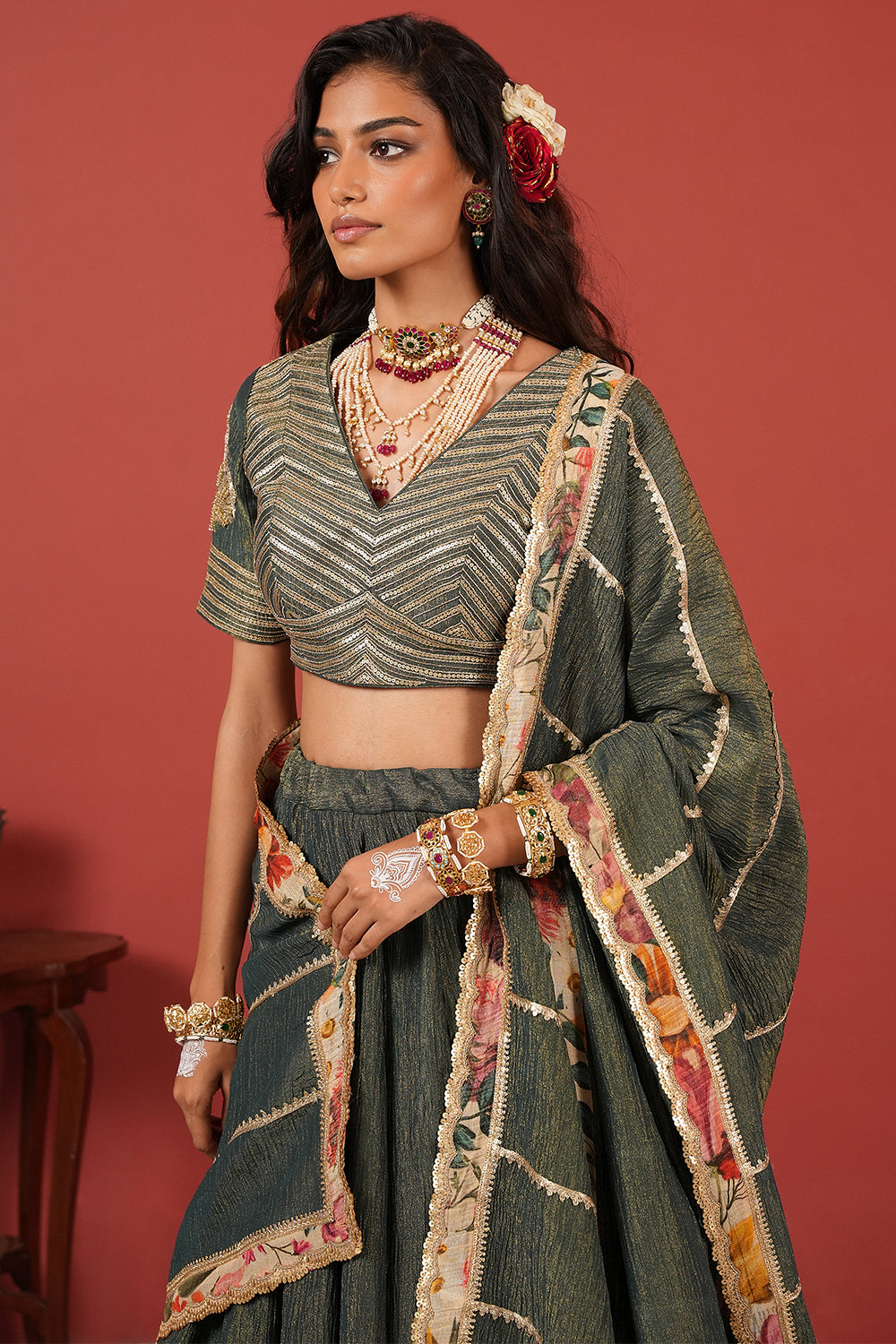 Green Zardozi Handcrafted Lehenga Set