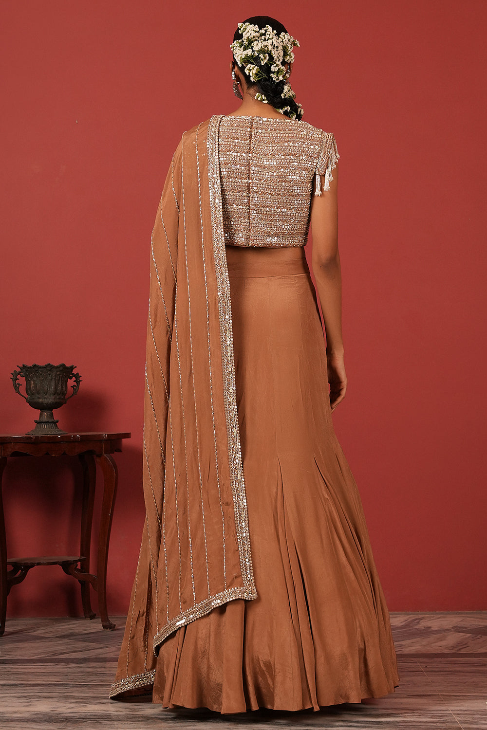 Handcrafted Lehenga Set with Tassel Sleeve Blouse & Fully Embroidered Dupatta