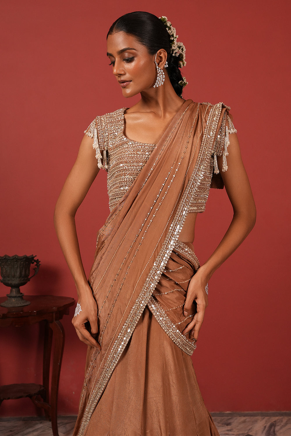 Handcrafted Lehenga Set with Tassel Sleeve Blouse & Fully Embroidered Dupatta
