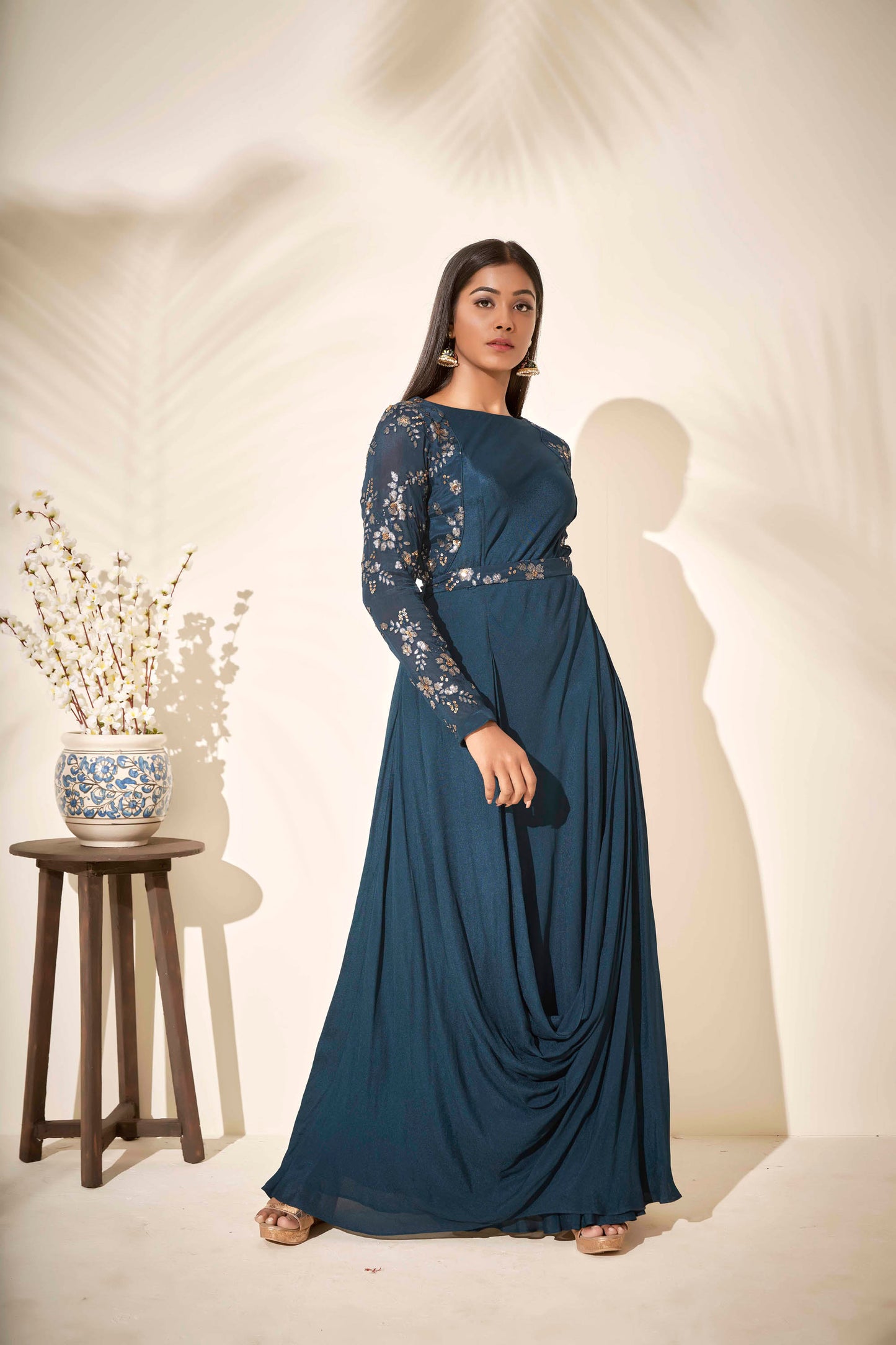 Turquoise Blue Embellished Cowl Dress