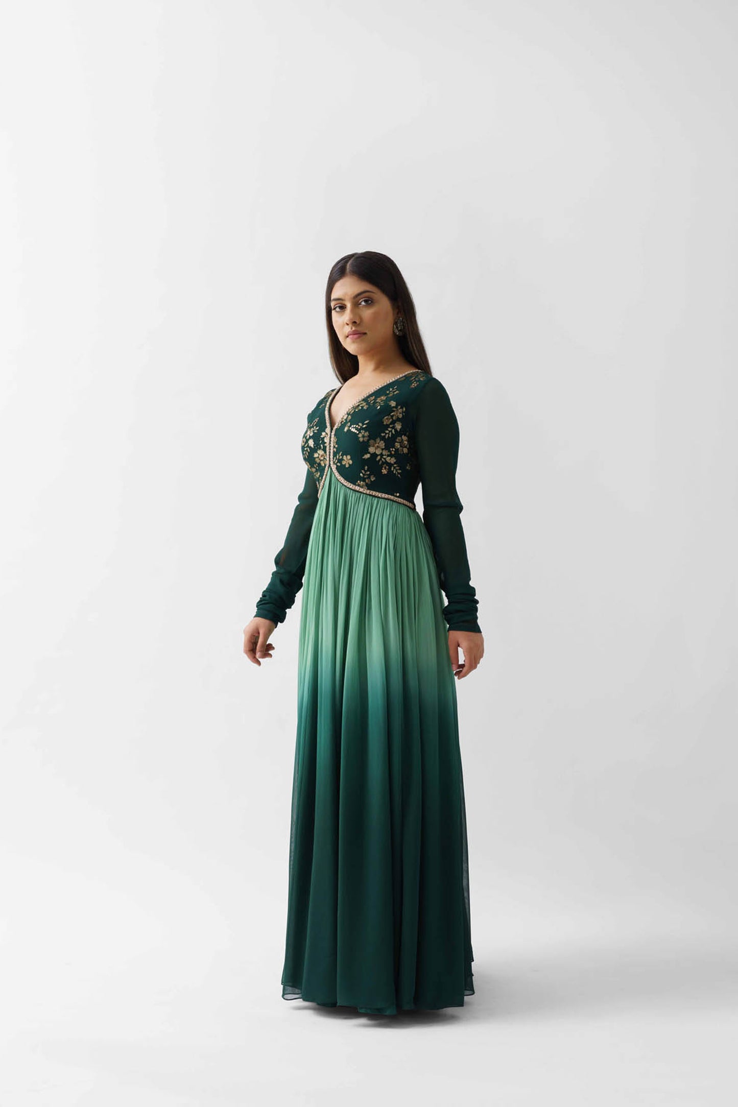 Green Ombre Embroidered Pleated Anarkali Set