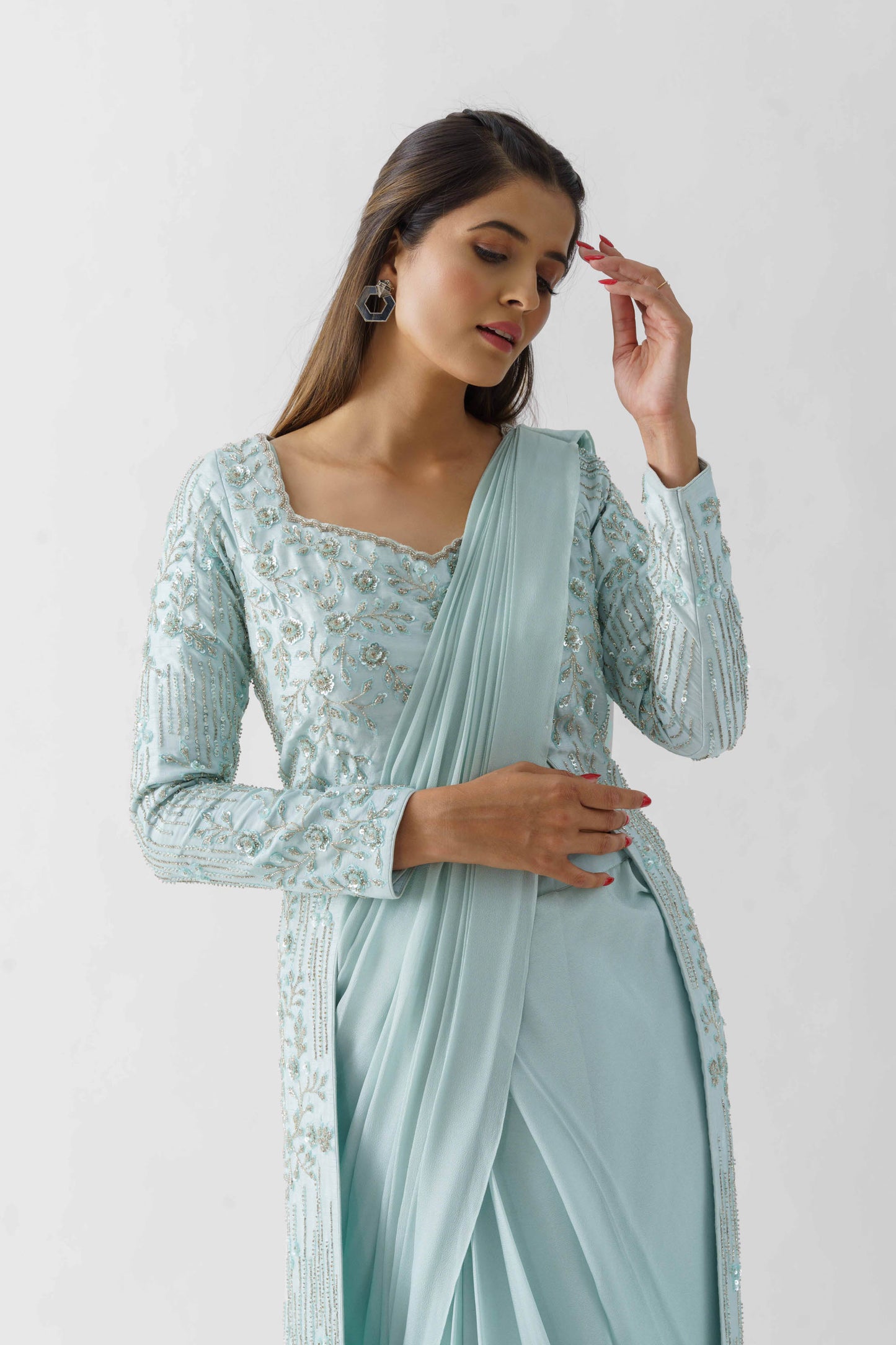 Light Blue Hand Embroidered Saree With Jacket