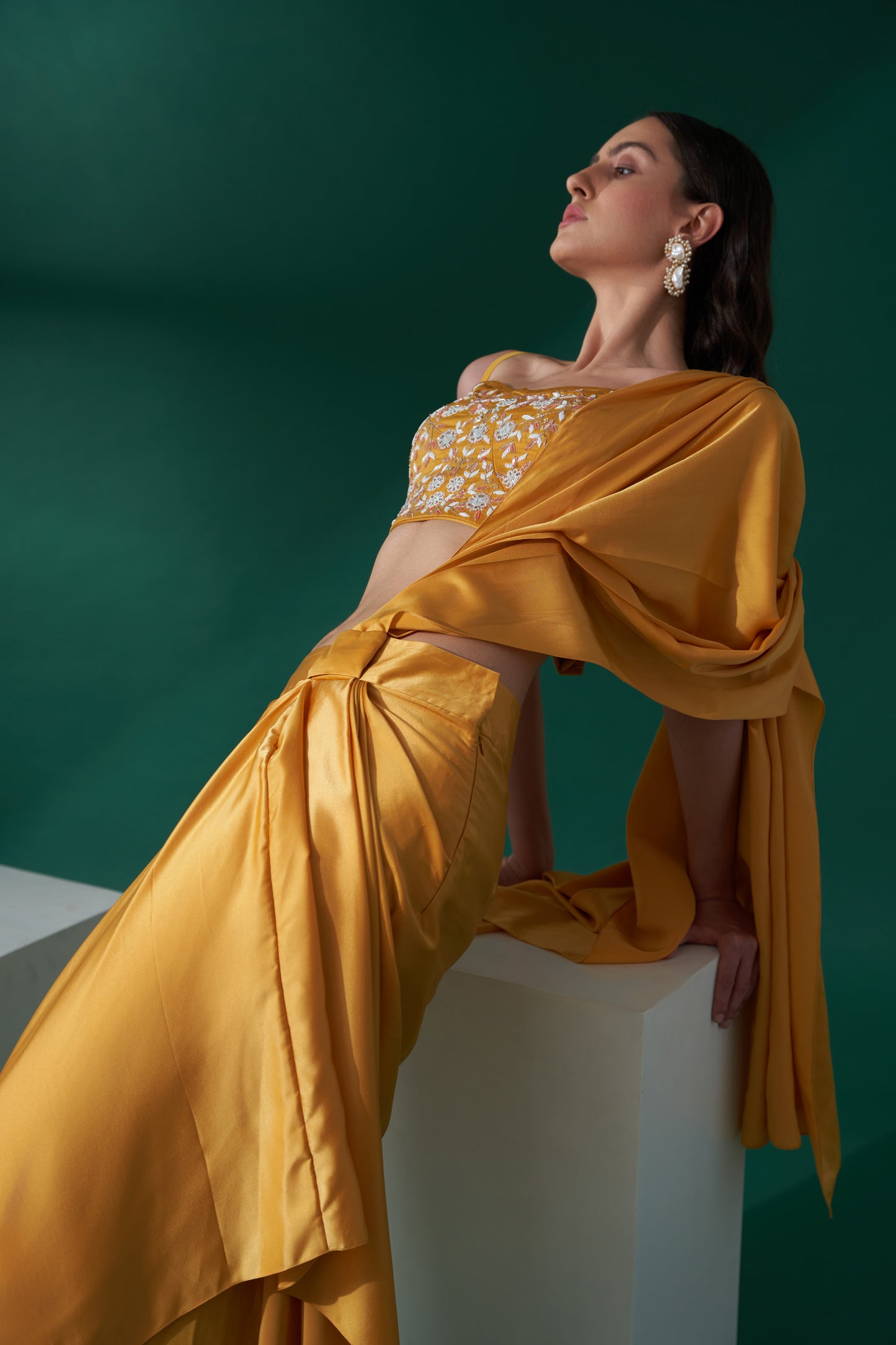 Mustard Yellow Embroidered Skirt Saree Set