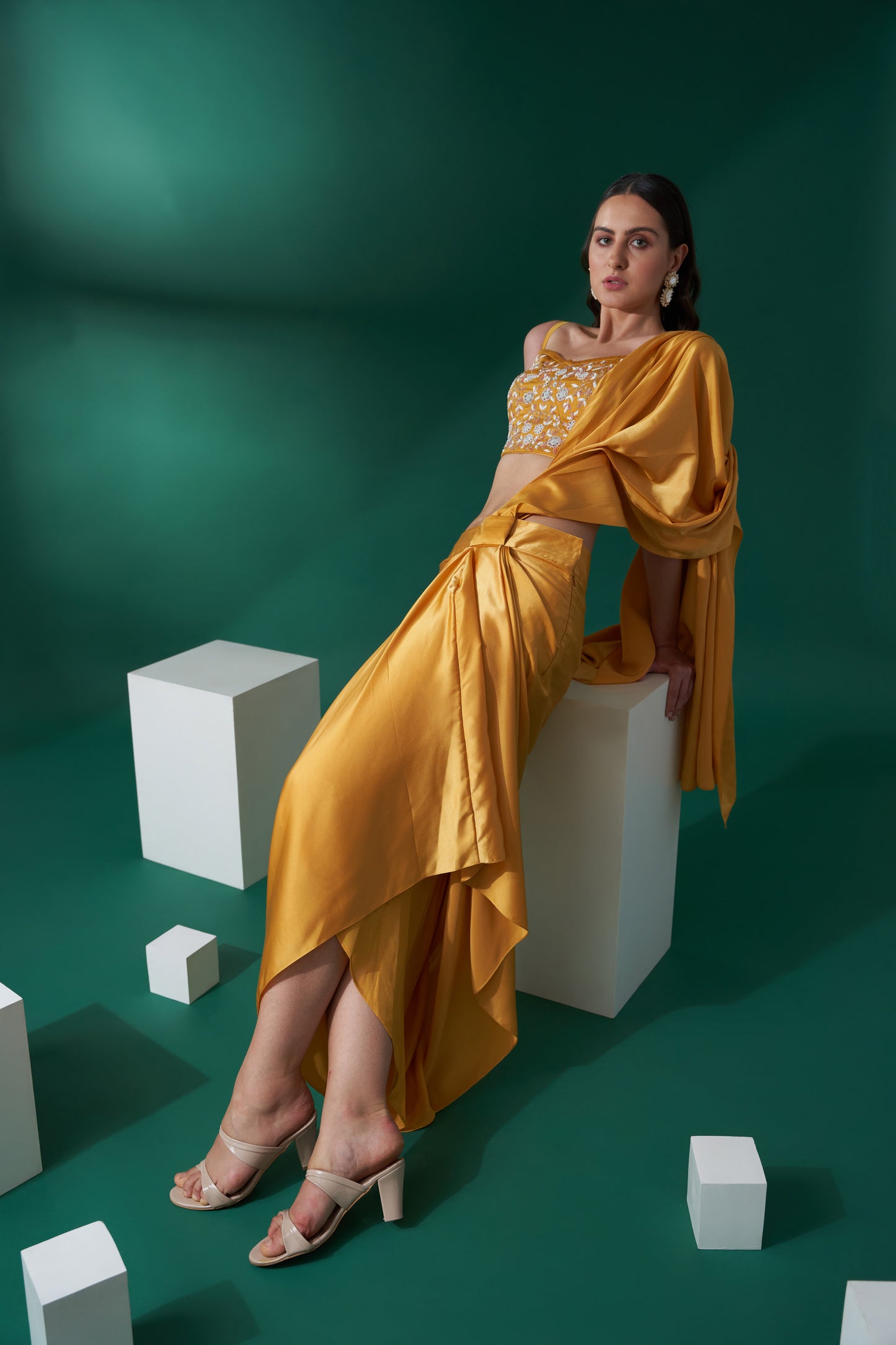Mustard Yellow Embroidered Skirt Saree Set