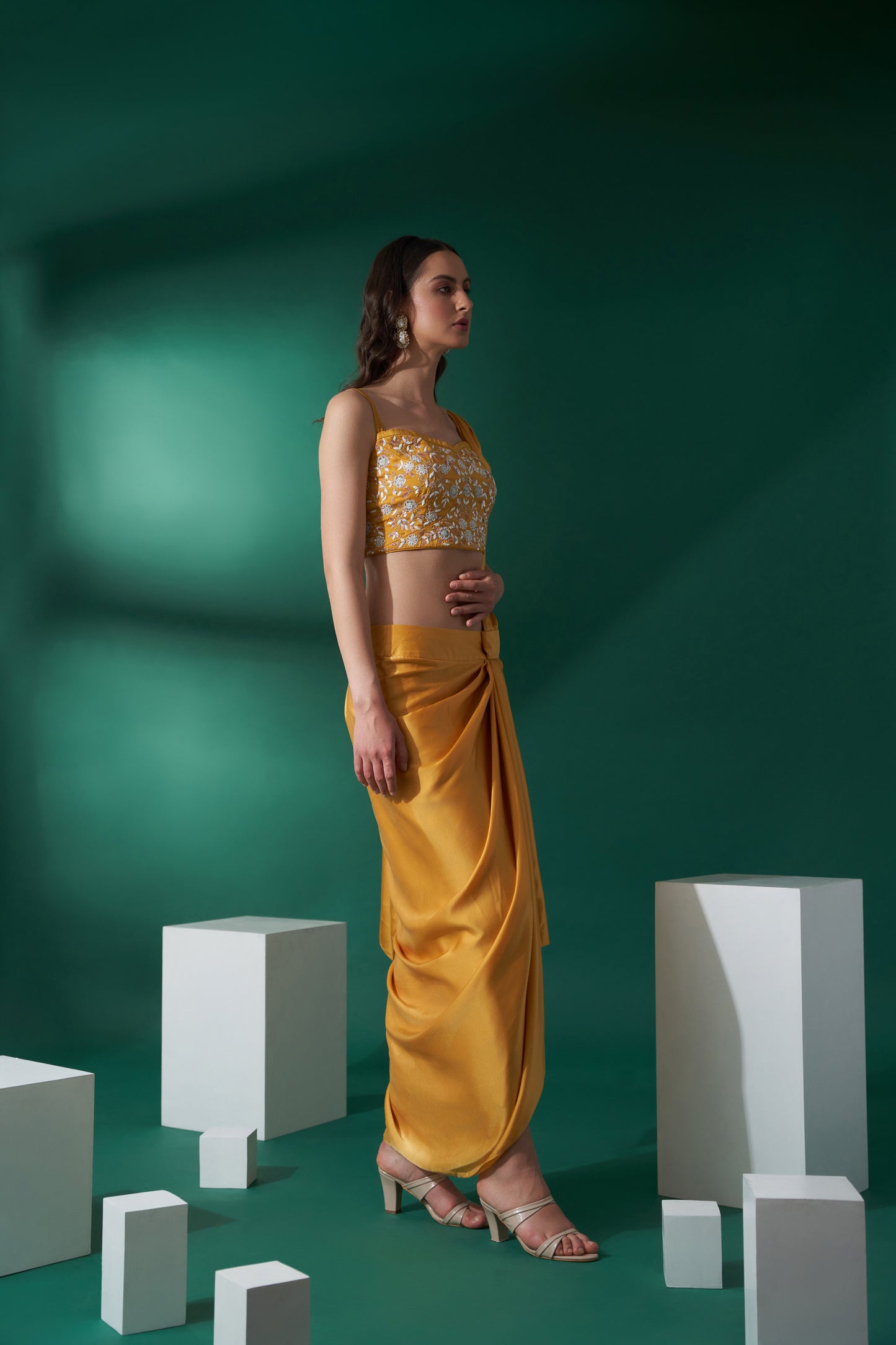 Mustard Yellow Embroidered Skirt Saree Set