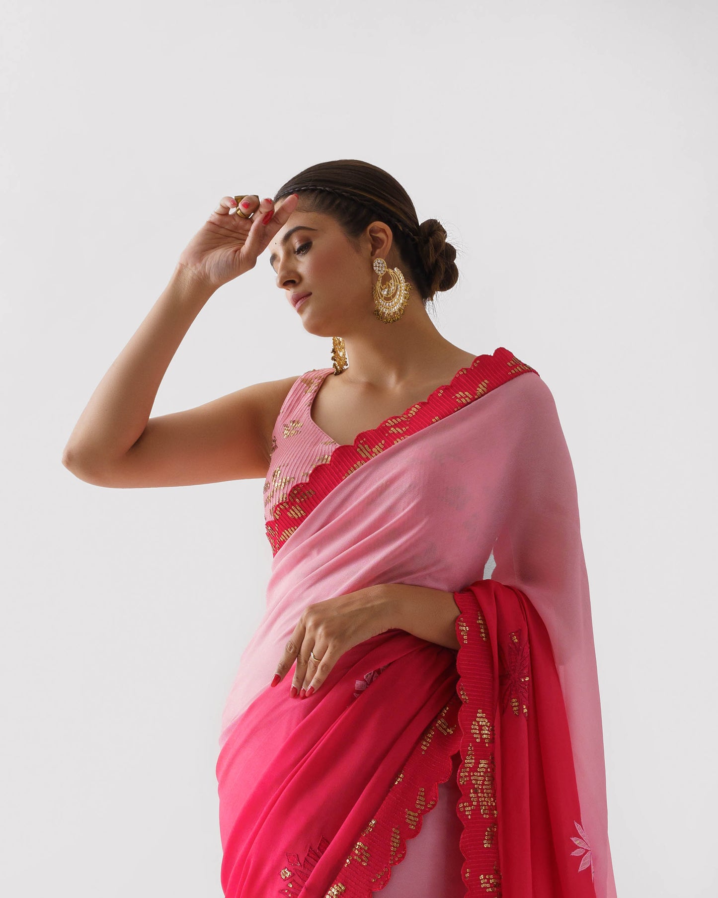 Red & Pink Ombre Embroidered Saree Set