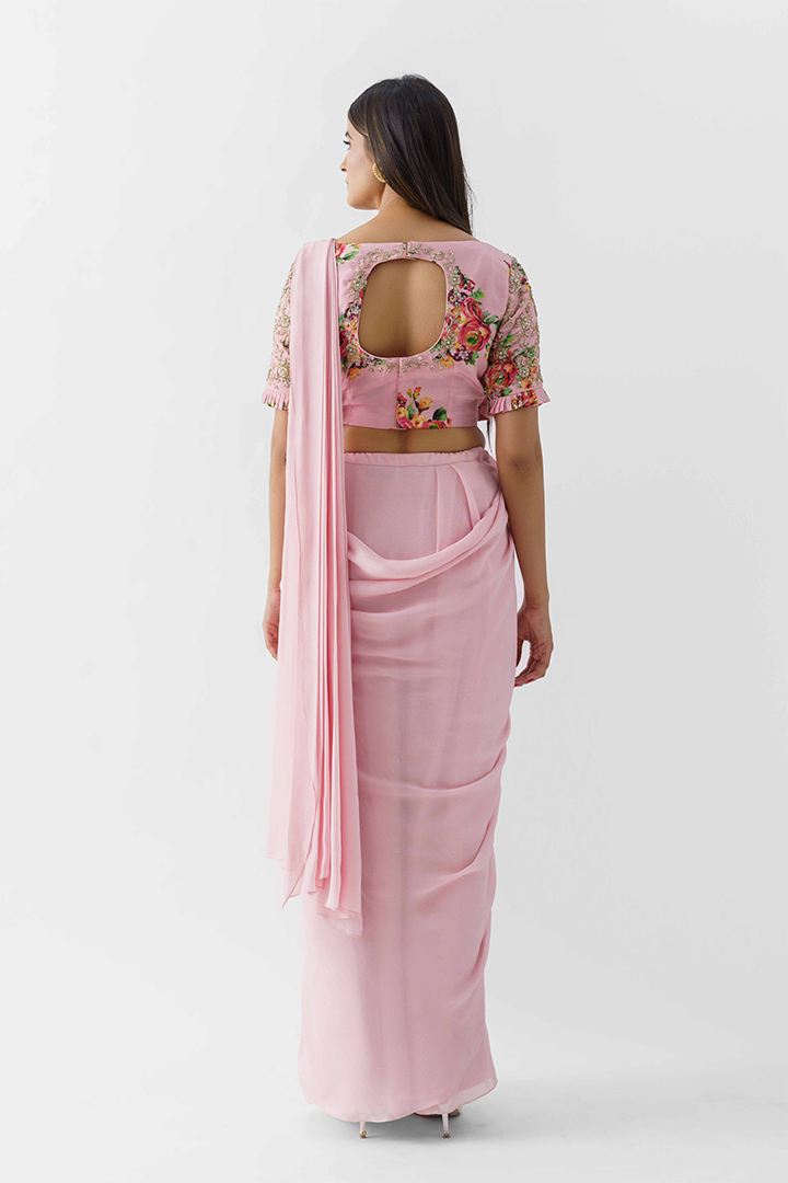 Blush Pink Pre-Draped Saree Set