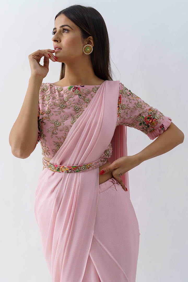 Blush Pink Pre-Draped Saree Set