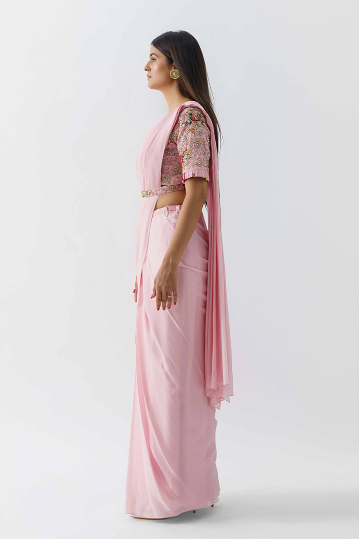 Blush Pink Pre-Draped Saree Set