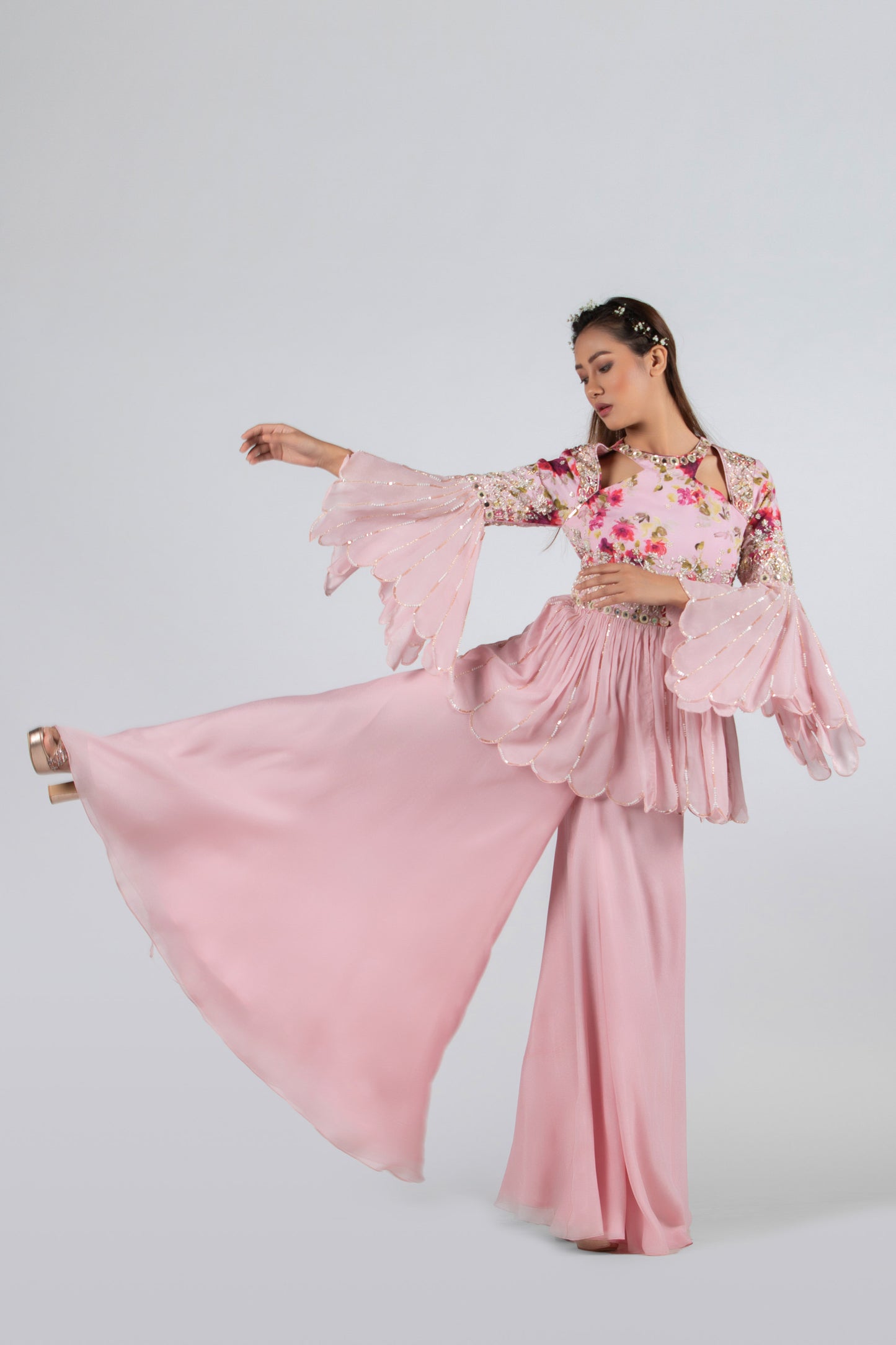 Light Pink Georgette Crepe Flared Pant Set