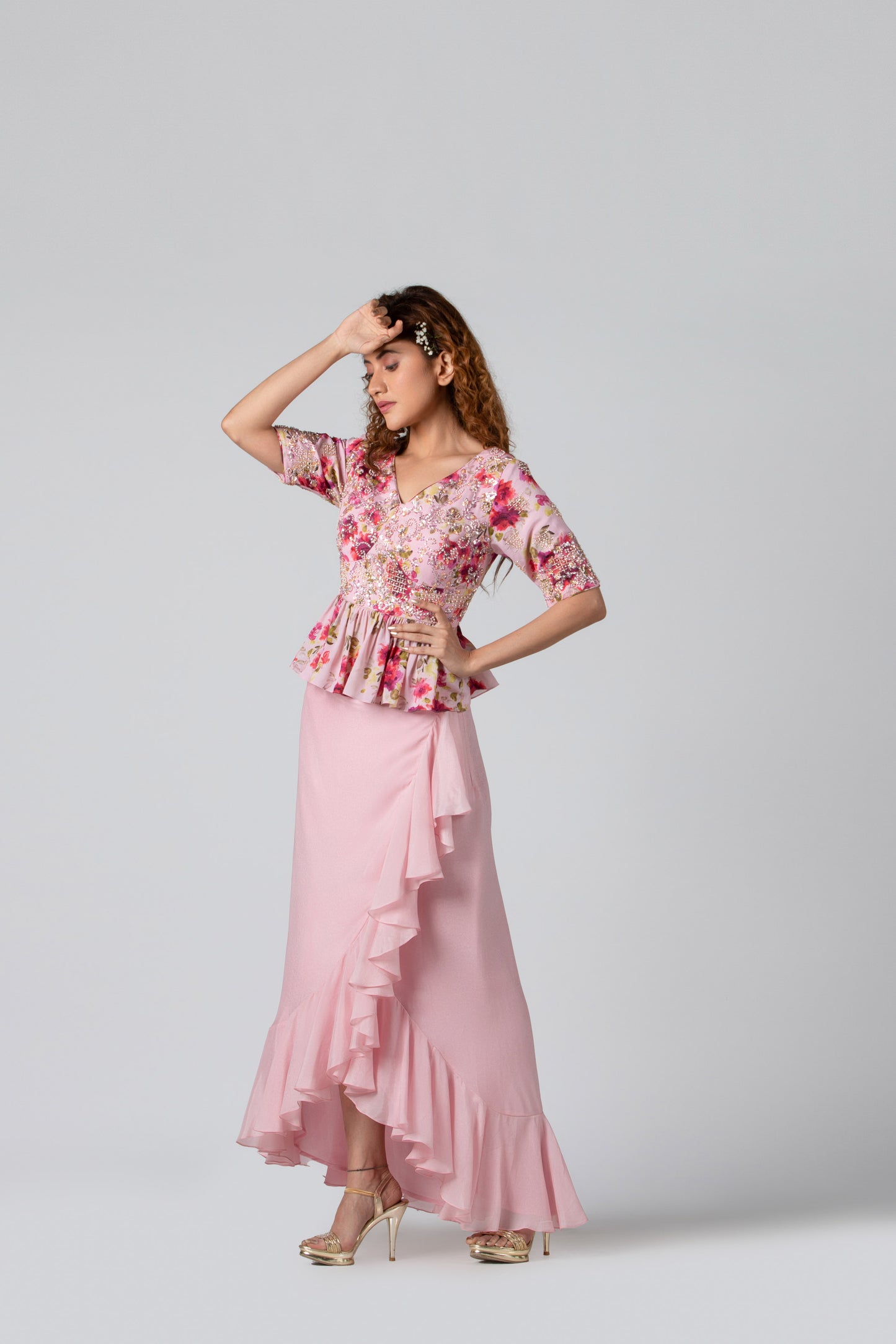 Light Pink High-Low Draped Skirt Set