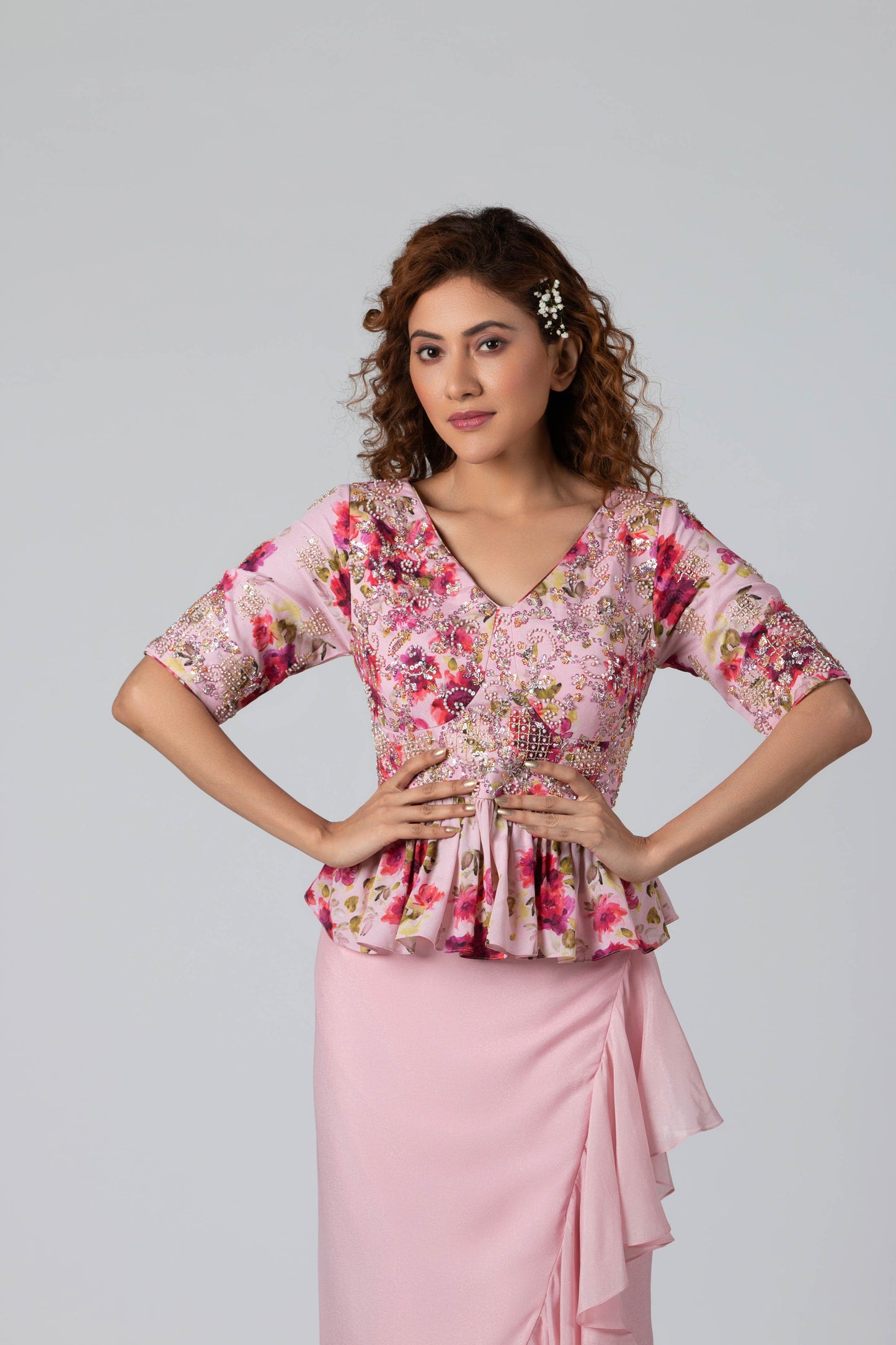 Light Pink High-Low Draped Skirt Set