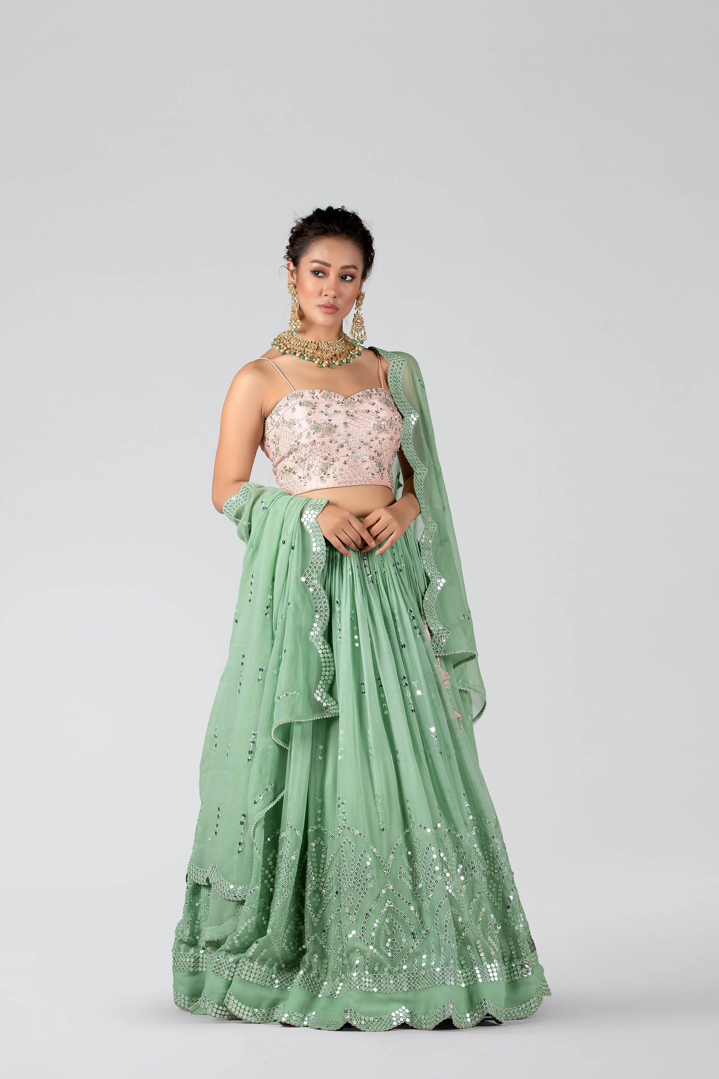 Leaf Green Embroidered Skirt Lehenga Set